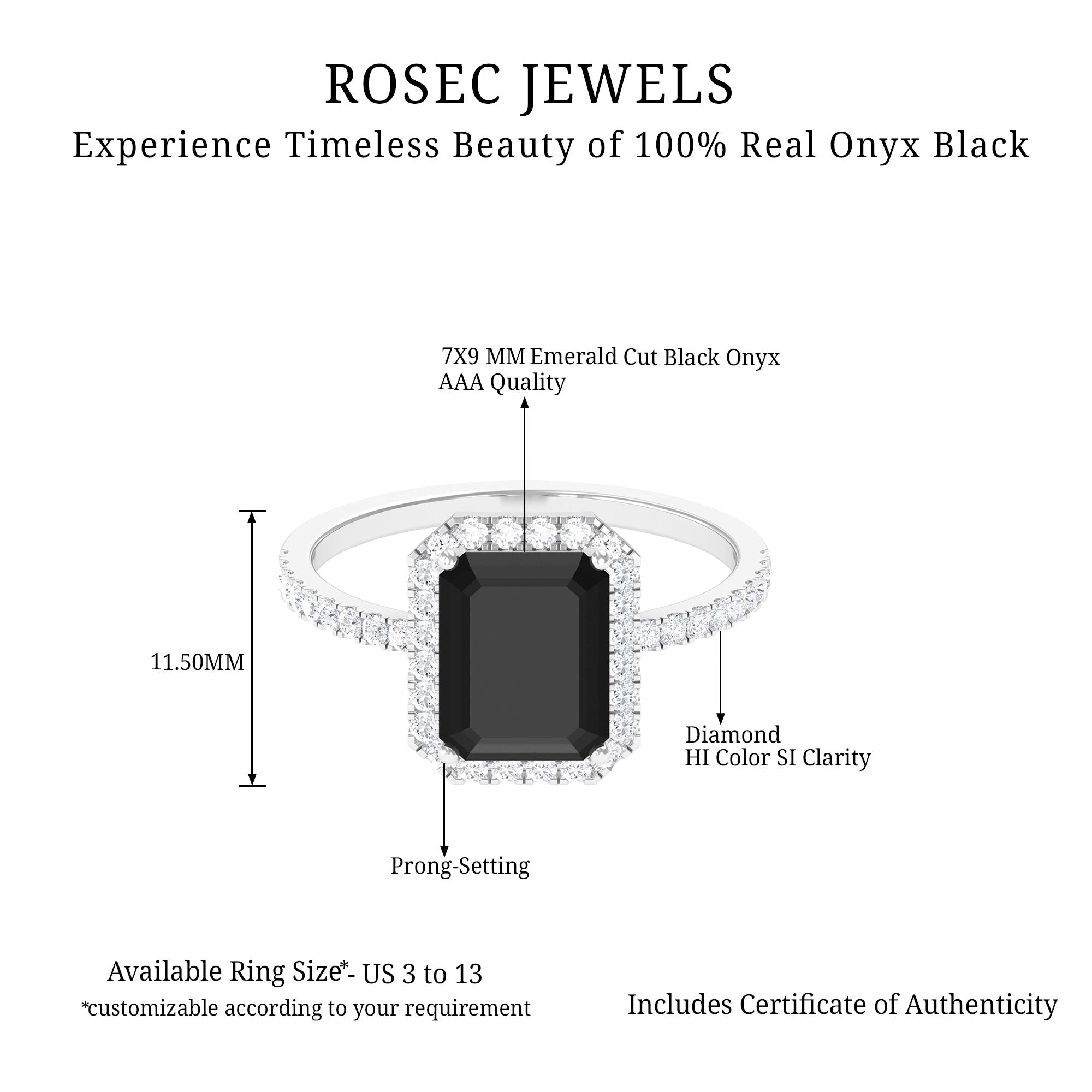 Emerald Cut Black Onyx Halo Engagement Ring with Diamond Black Onyx - ( AAA ) - Quality - Rosec Jewels