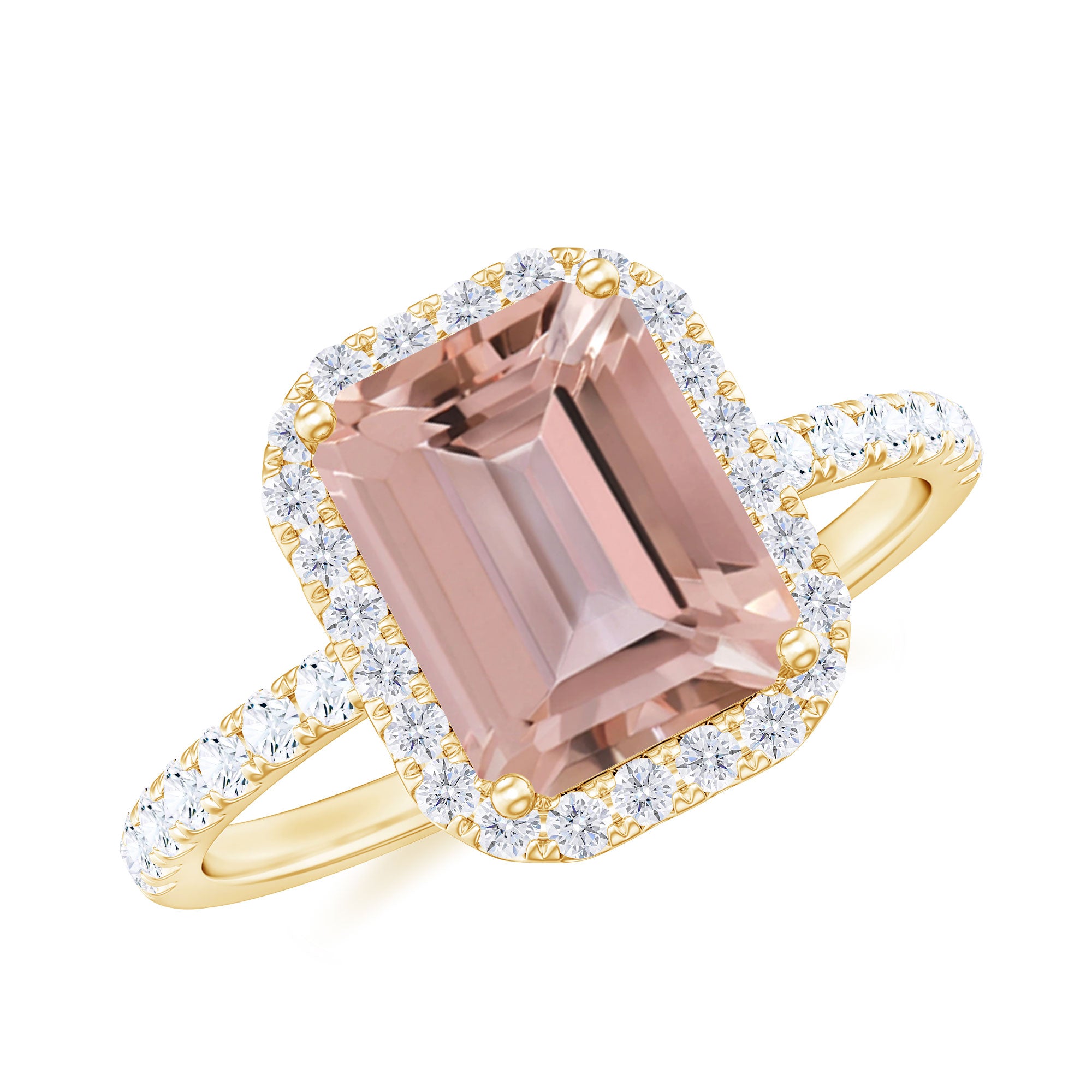 Emerald Cut Morganite Engagement Ring with Diamond Halo Morganite - ( AAA ) - Quality - Rosec Jewels