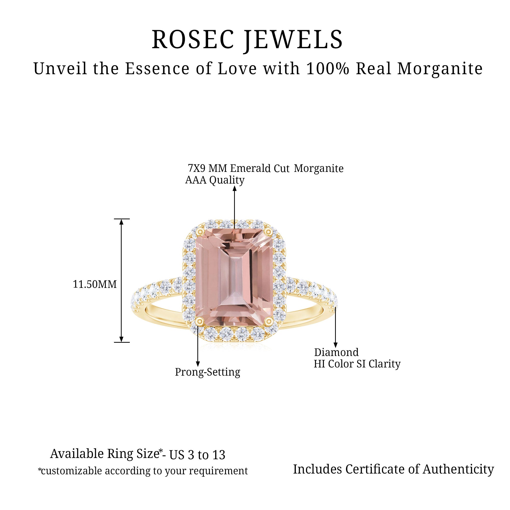 Emerald Cut Morganite Engagement Ring with Diamond Halo Morganite - ( AAA ) - Quality - Rosec Jewels