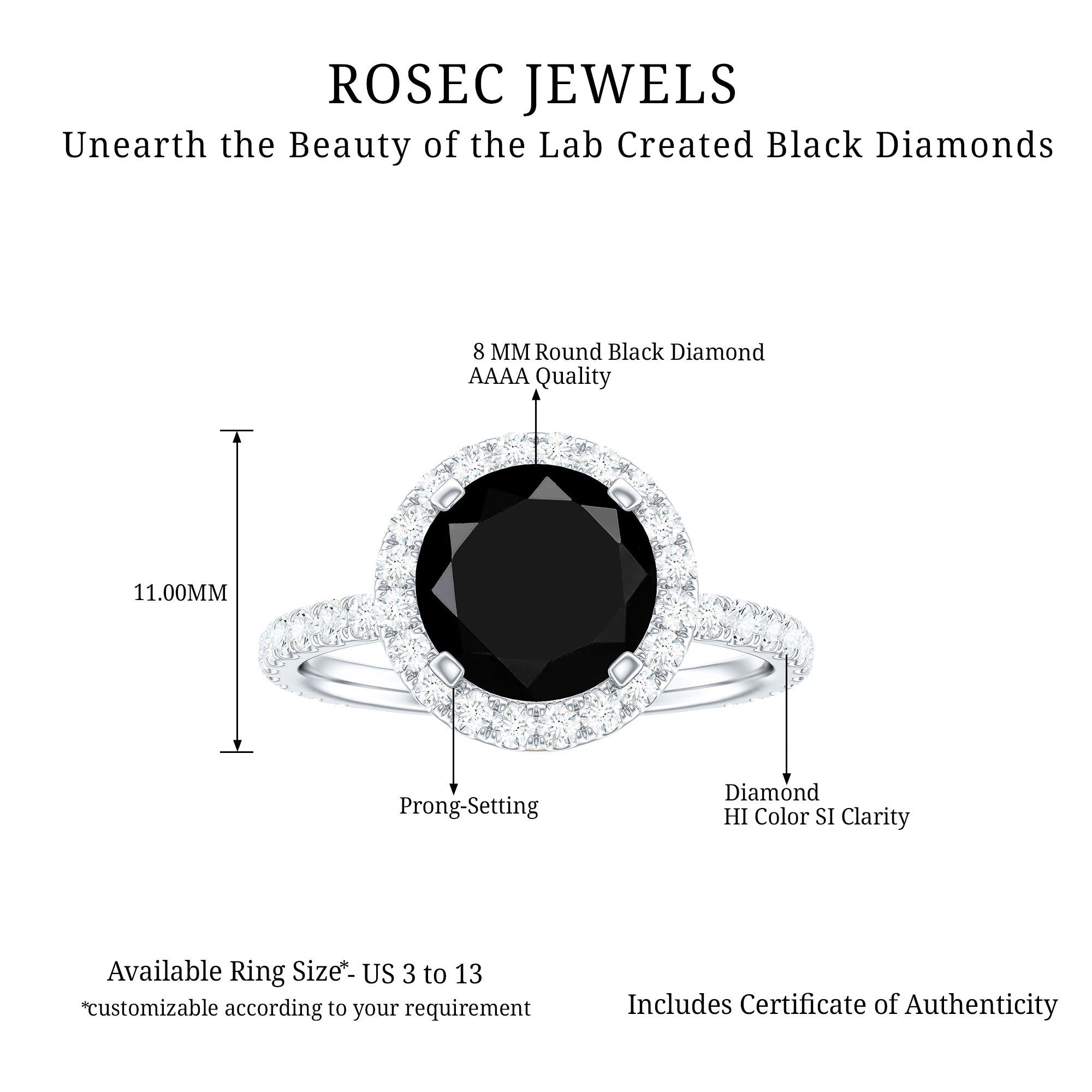 Lab Grown Black Diamond Classic Halo Engagement Ring with Diamond Lab Created Black Diamond - ( AAAA ) - Quality - Rosec Jewels