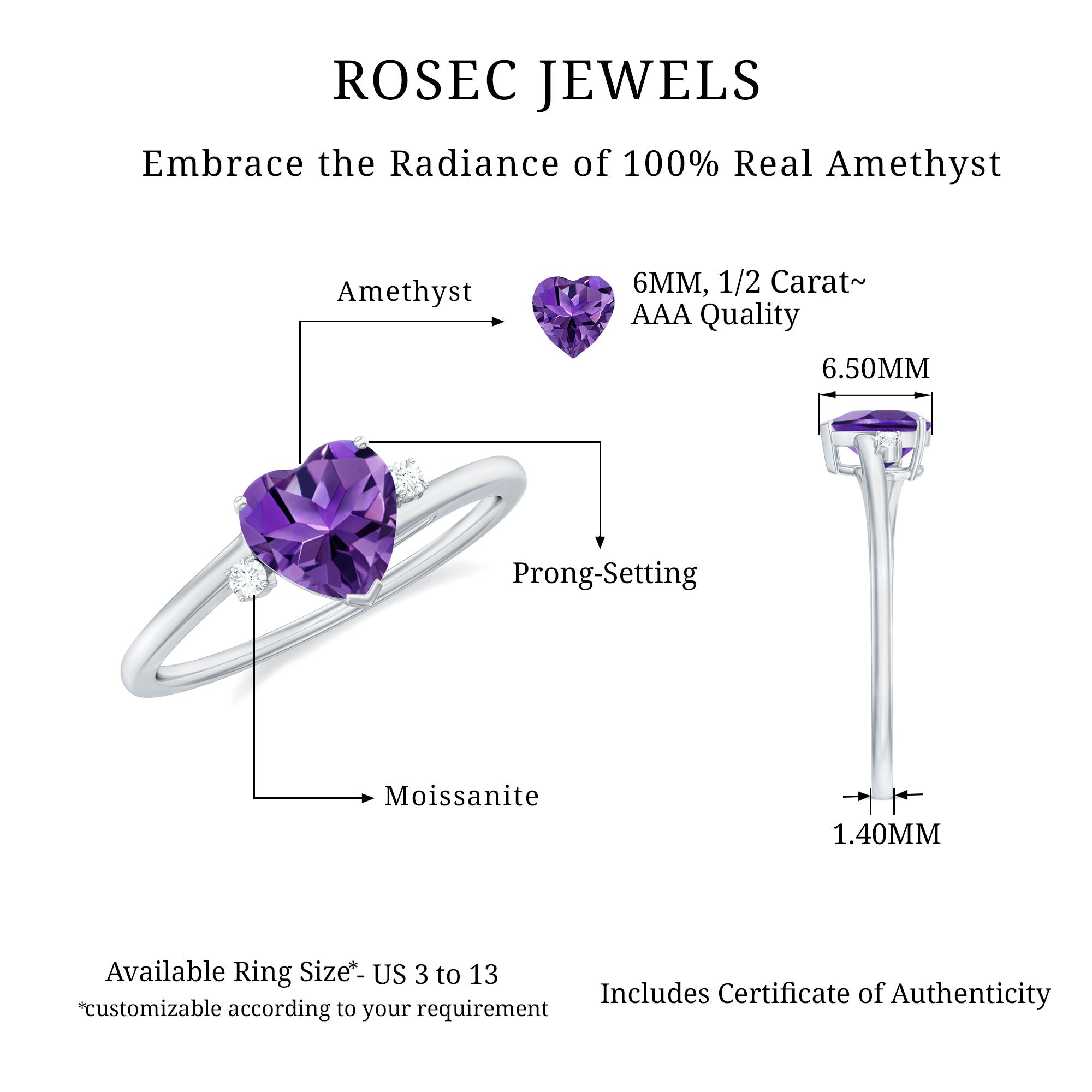 Rosec Jewels-Heart Shape Amethyst Solitaire Promise Ring with Moissanite