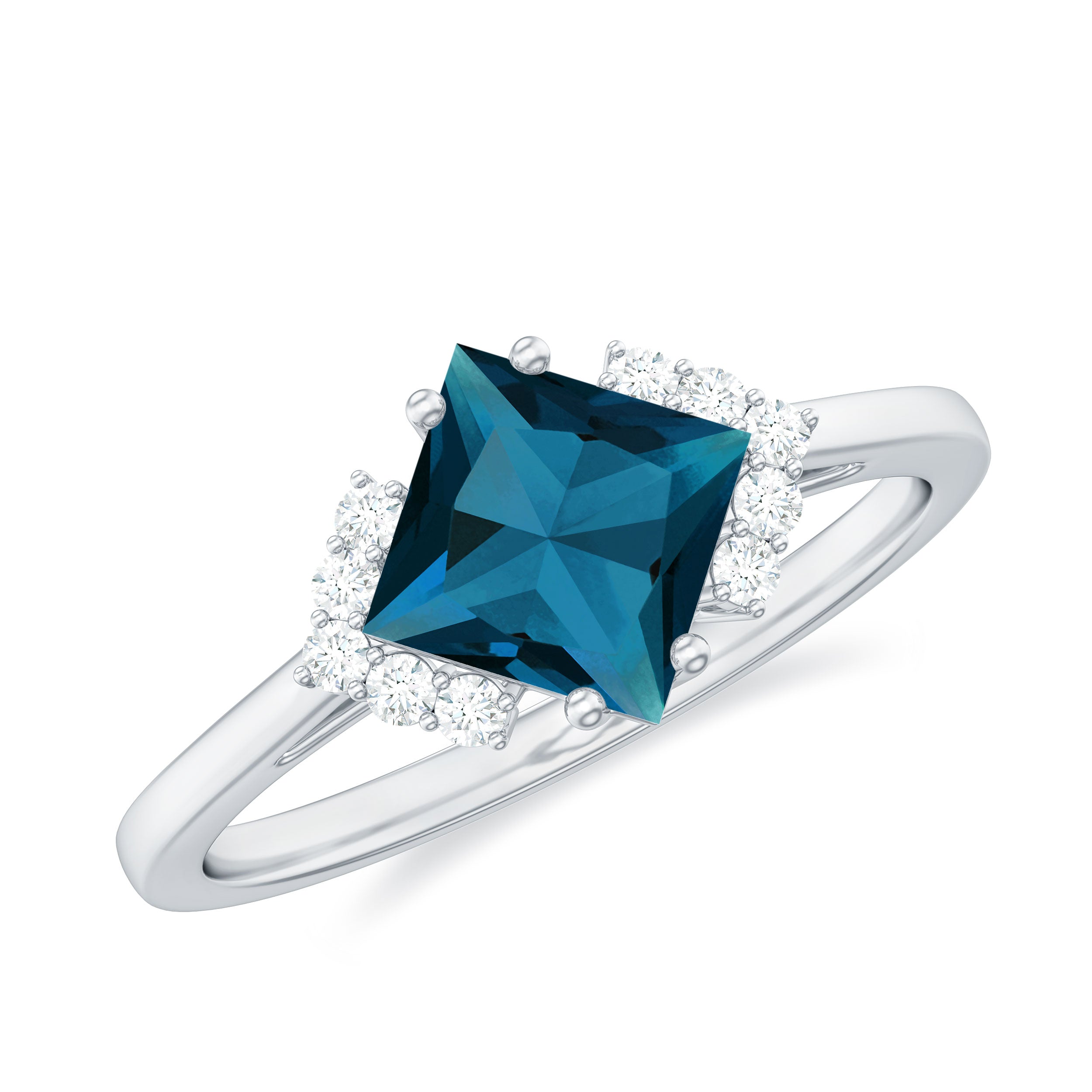 Princess Cut London Blue Topaz Solitaire Engagement Ring with Diamond London Blue Topaz - ( AAA ) - Quality - Rosec Jewels