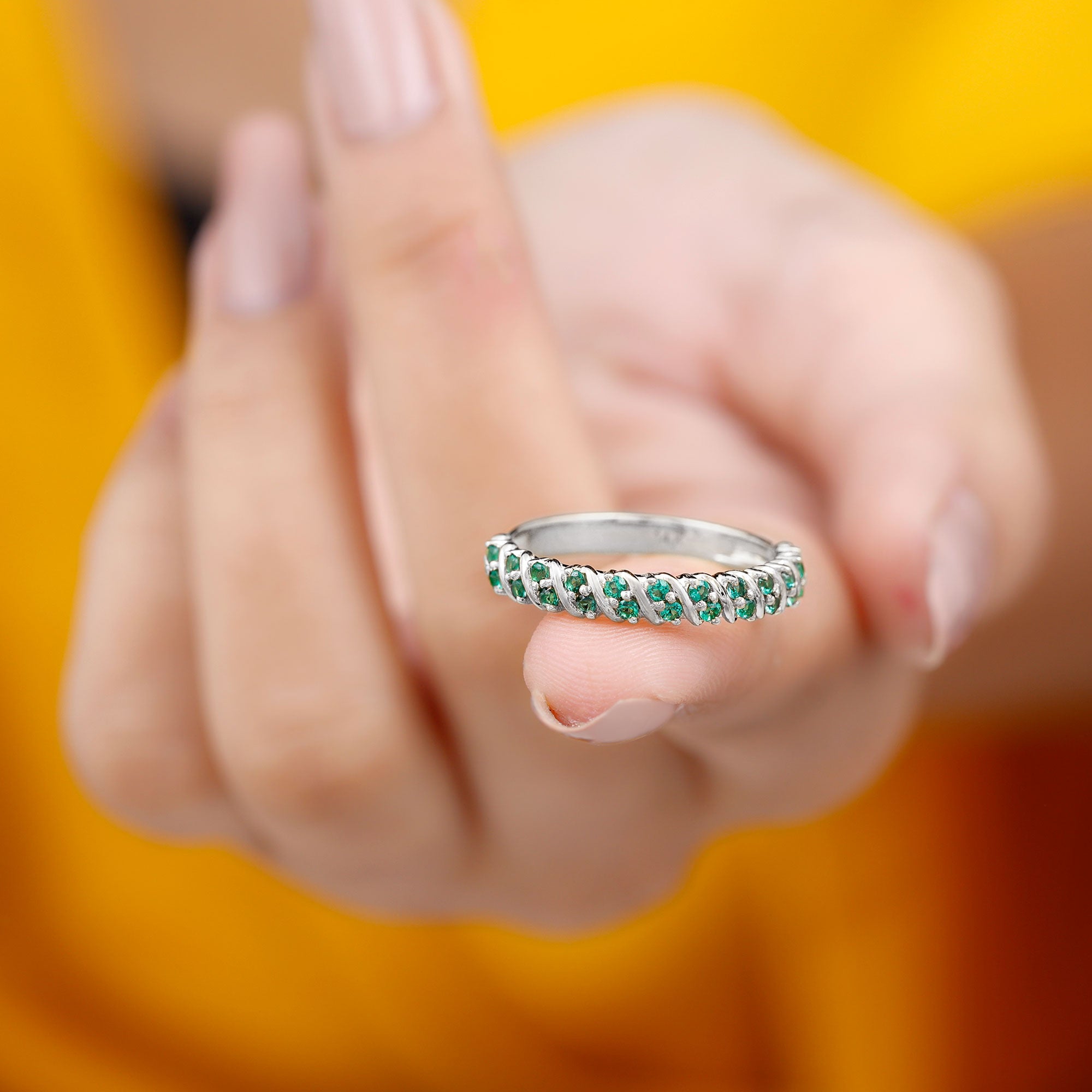 Lab Grown Emerald Semi Eternity Anniversary Band Ring Lab Created Emerald - ( AAAA ) - Quality - Rosec Jewels