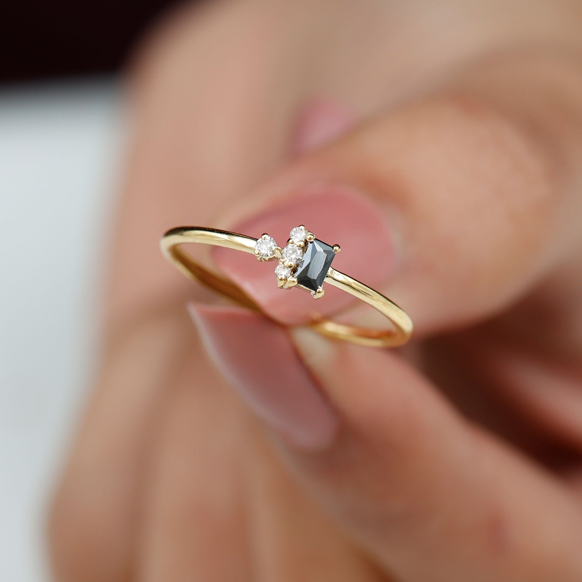 Dainty Promise Ring with Octagon Cut Black Spinel and Diamond Black Spinel - ( AAA ) - Quality - Rosec Jewels