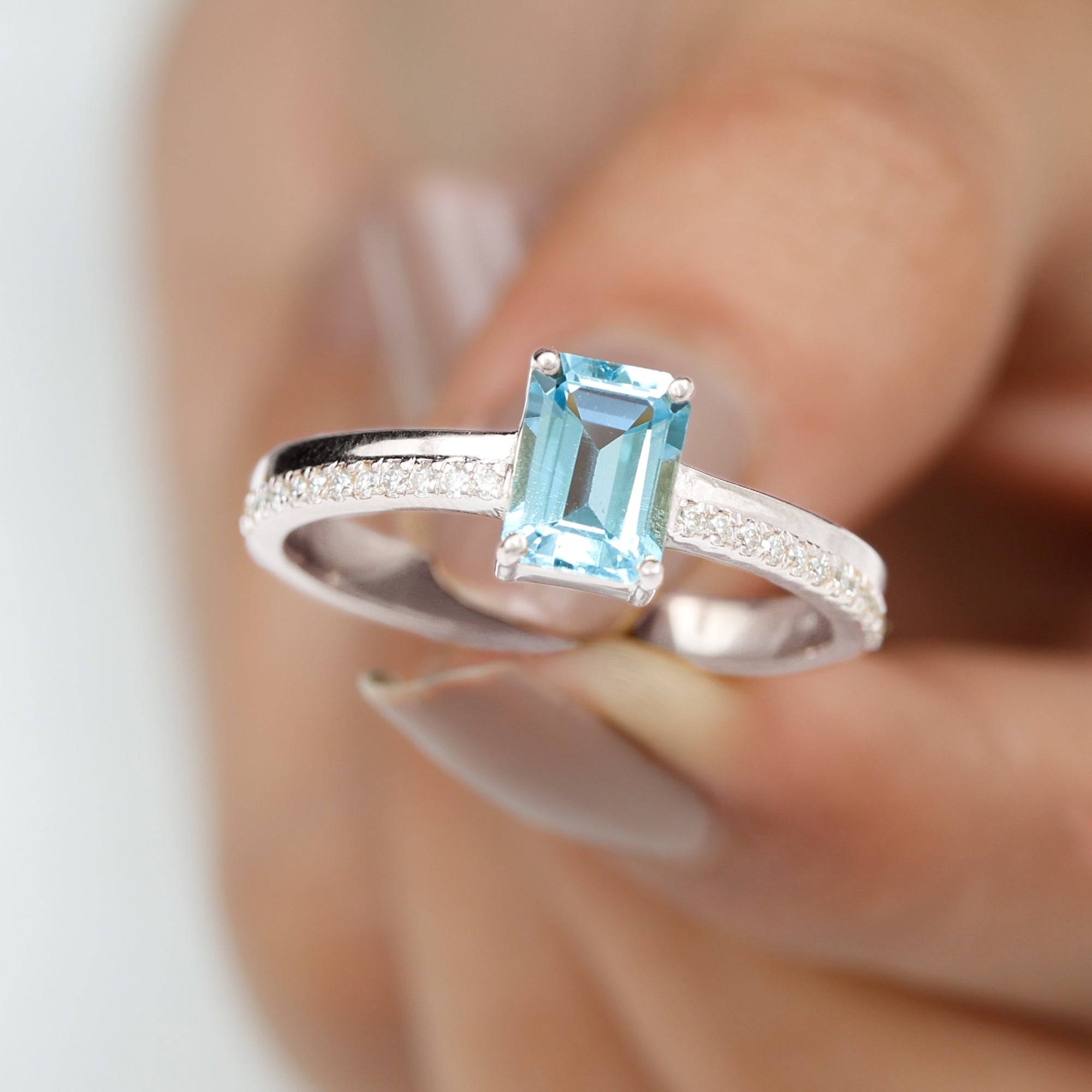 Solitaire Engagement Ring with Emerald Cut Sky Blue Topaz and Diamond Sky Blue Topaz - ( AAA ) - Quality - Rosec Jewels