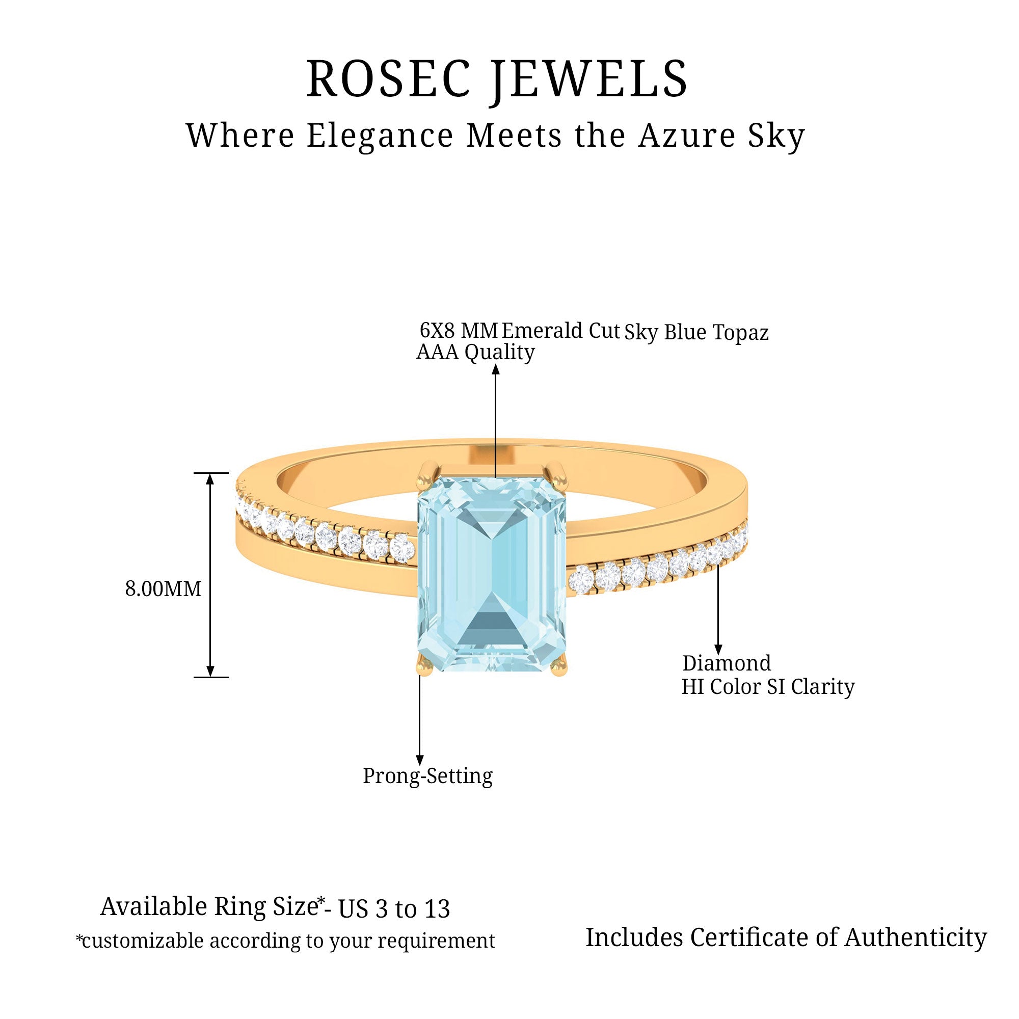 Solitaire Engagement Ring with Emerald Cut Sky Blue Topaz and Diamond Sky Blue Topaz - ( AAA ) - Quality - Rosec Jewels