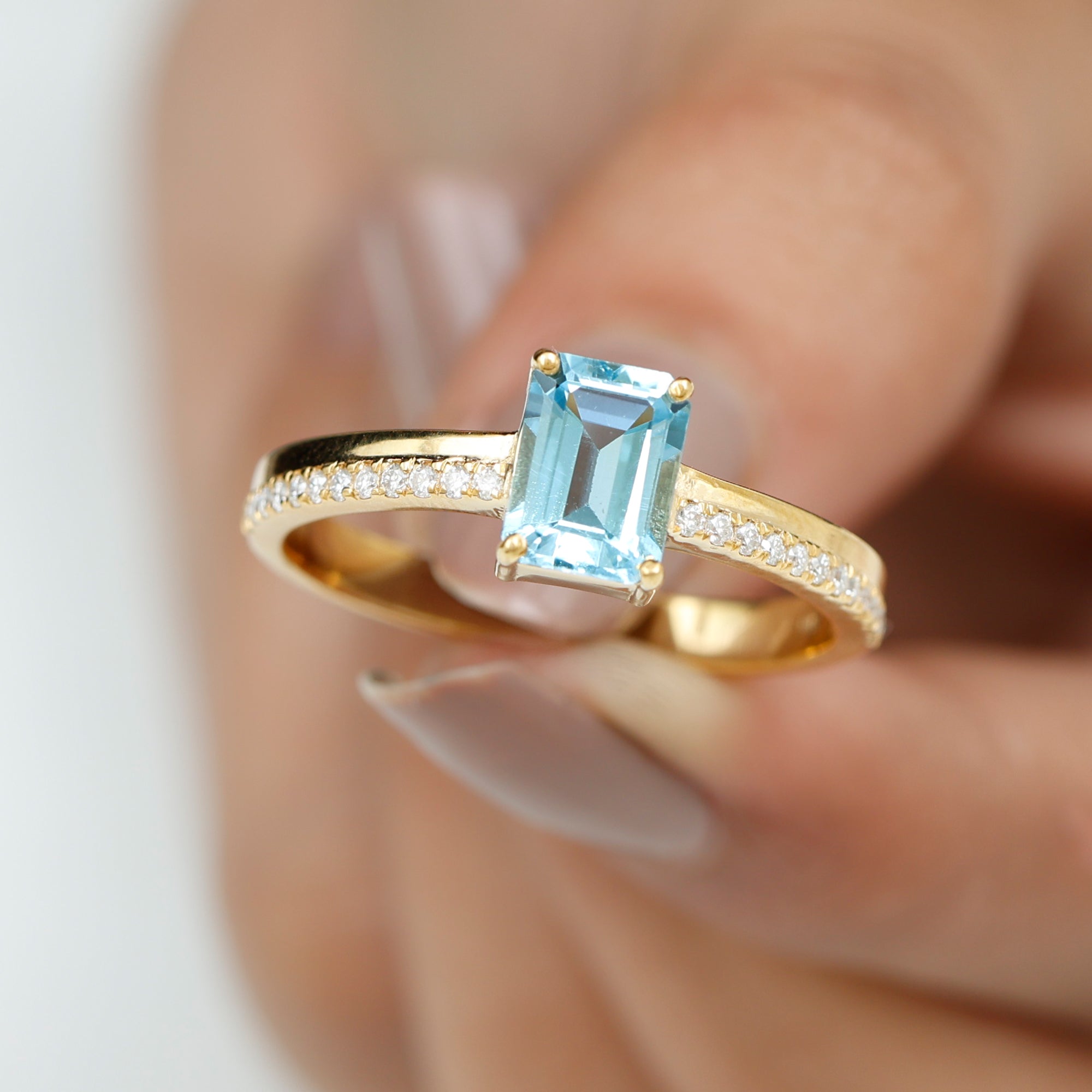 Solitaire Engagement Ring with Emerald Cut Sky Blue Topaz and Diamond Sky Blue Topaz - ( AAA ) - Quality - Rosec Jewels