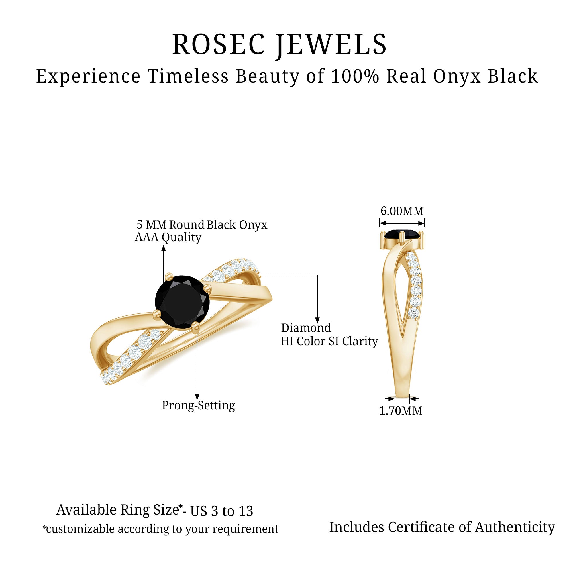 0.50 CT Black Onyx Solitaire and Diamond Infinity Ring Black Onyx - ( AAA ) - Quality - Rosec Jewels