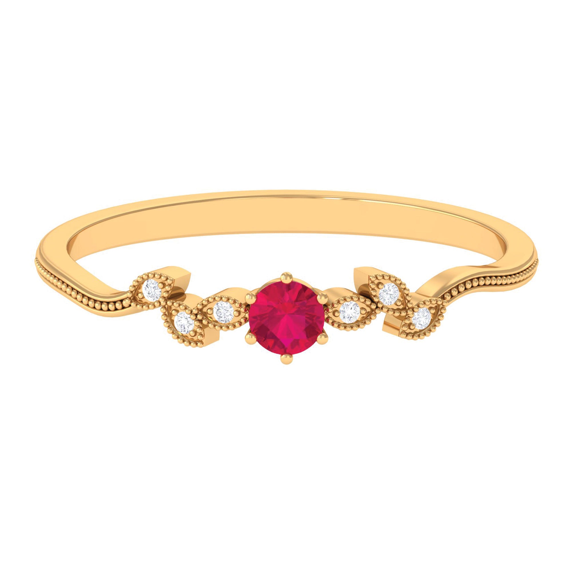 Leaf Inspired Ruby Solitaire Promise Ring with Diamond Ruby - ( AAA ) - Quality - Rosec Jewels