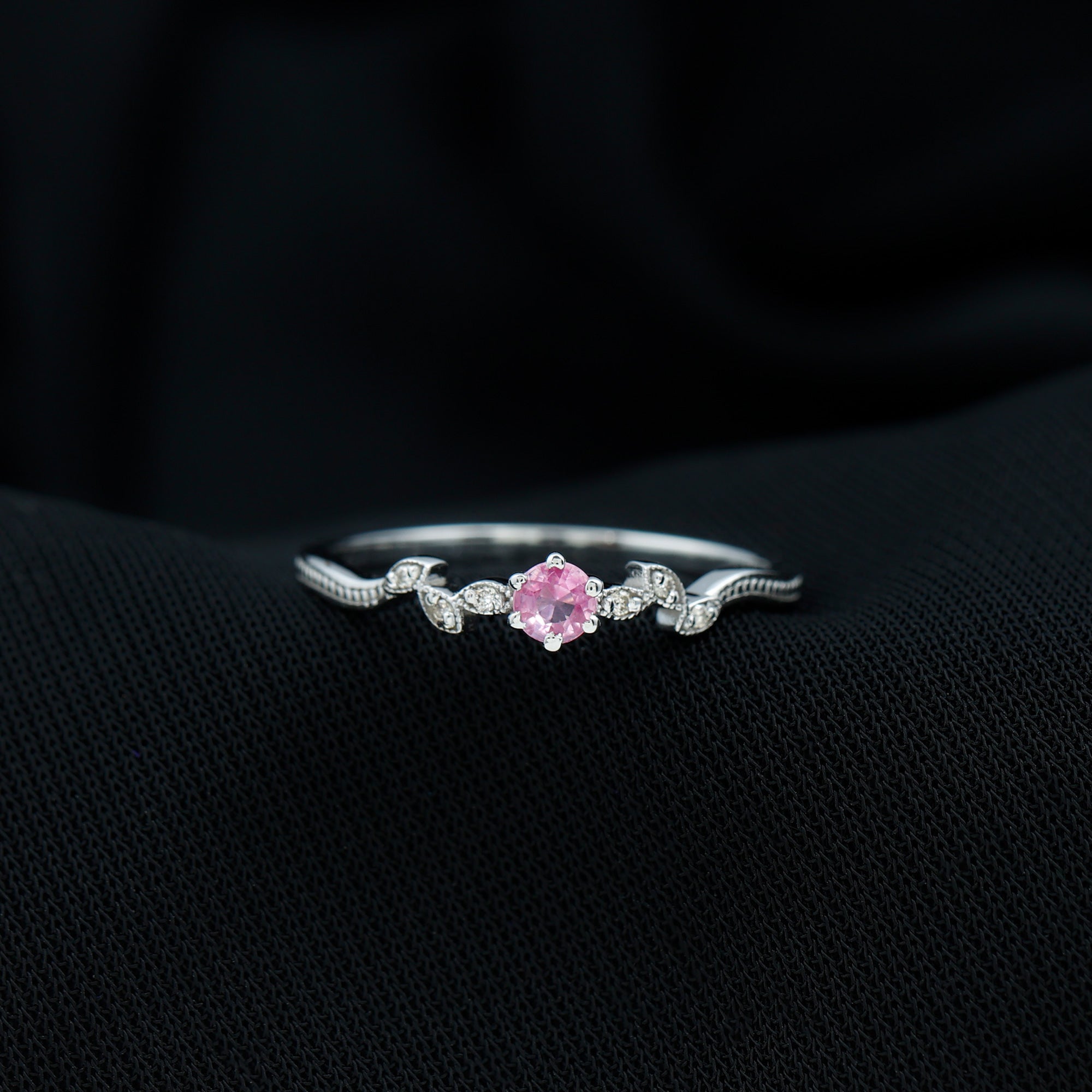 Pink Sapphire and Moissanite Leaf Promise Ring with Beaded Detailing Pink Sapphire - ( AAA ) - Quality - Rosec Jewels