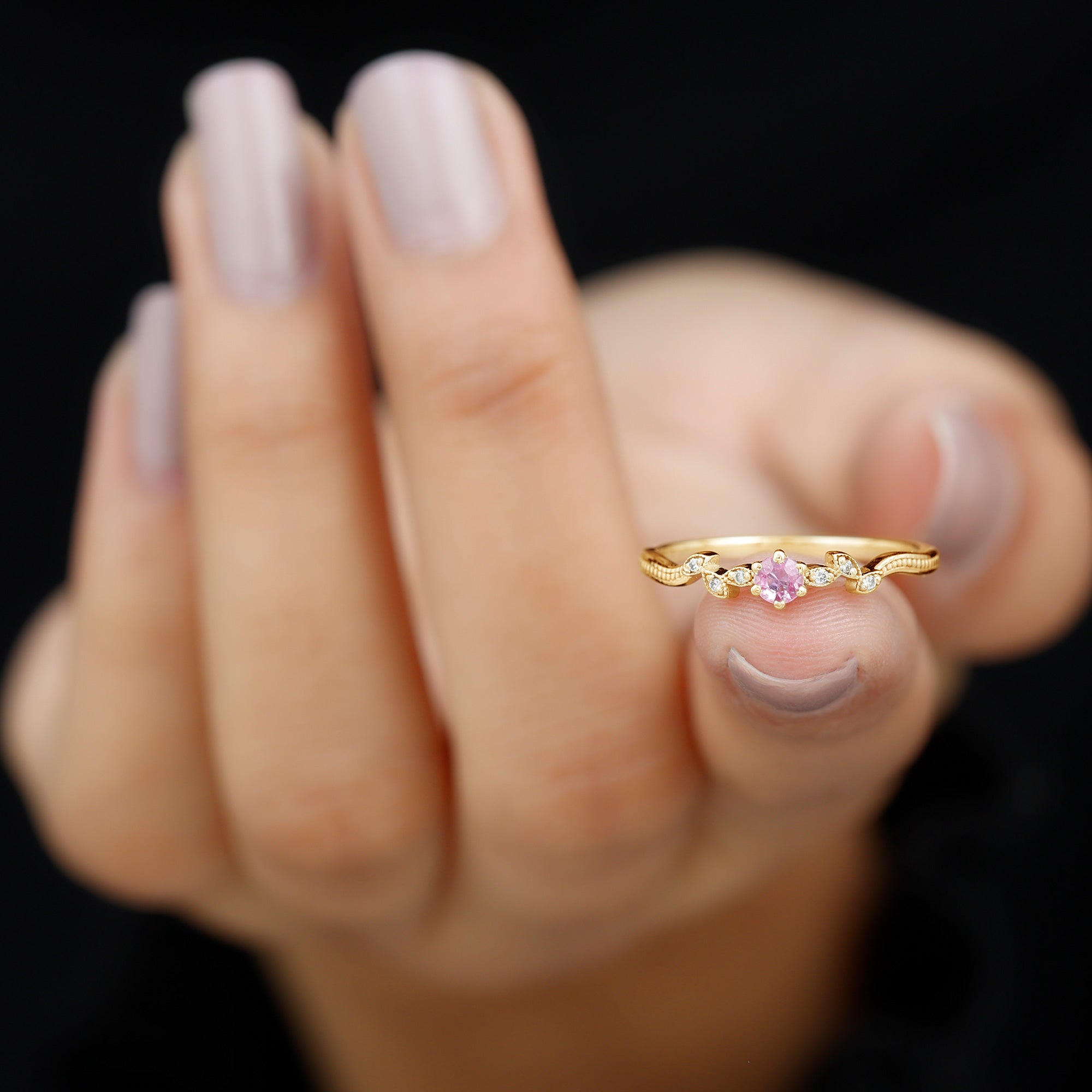 Pink Sapphire and Moissanite Leaf Promise Ring with Beaded Detailing Pink Sapphire - ( AAA ) - Quality - Rosec Jewels