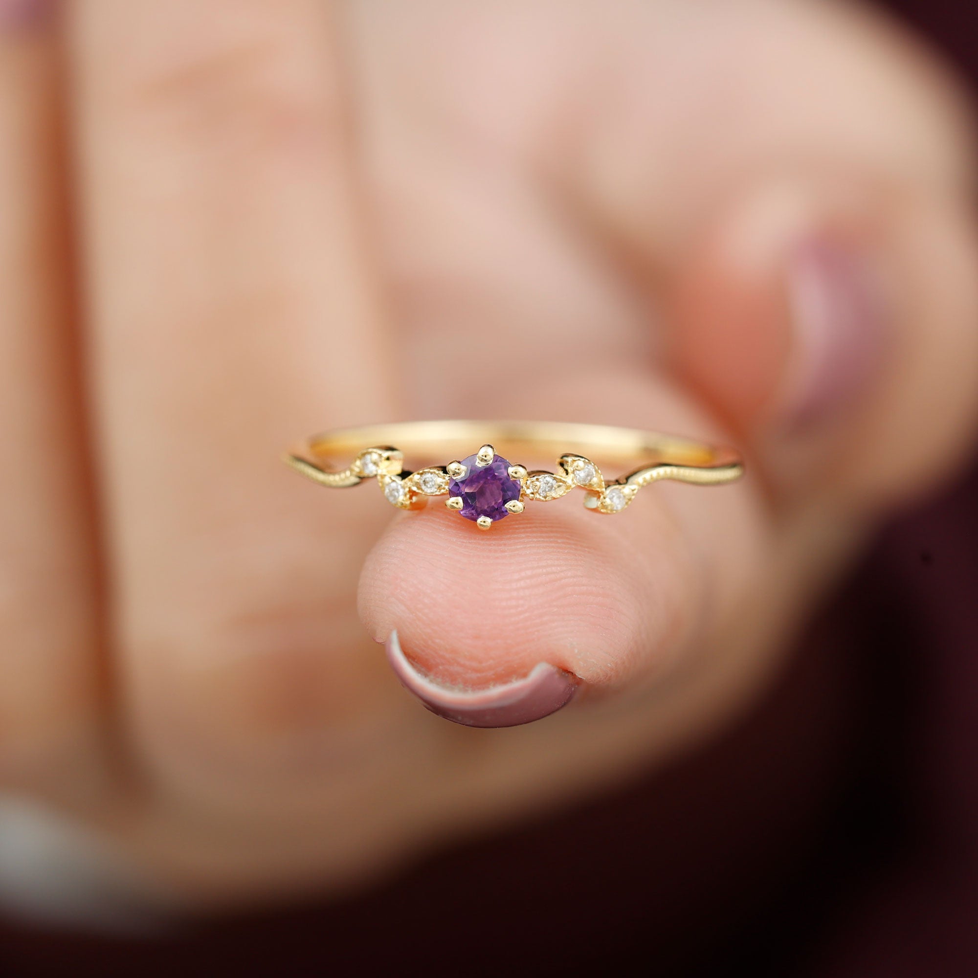 Amethyst and Diamond Leaf Promise Ring with Beaded Detailing Amethyst - ( AAA ) - Quality - Rosec Jewels