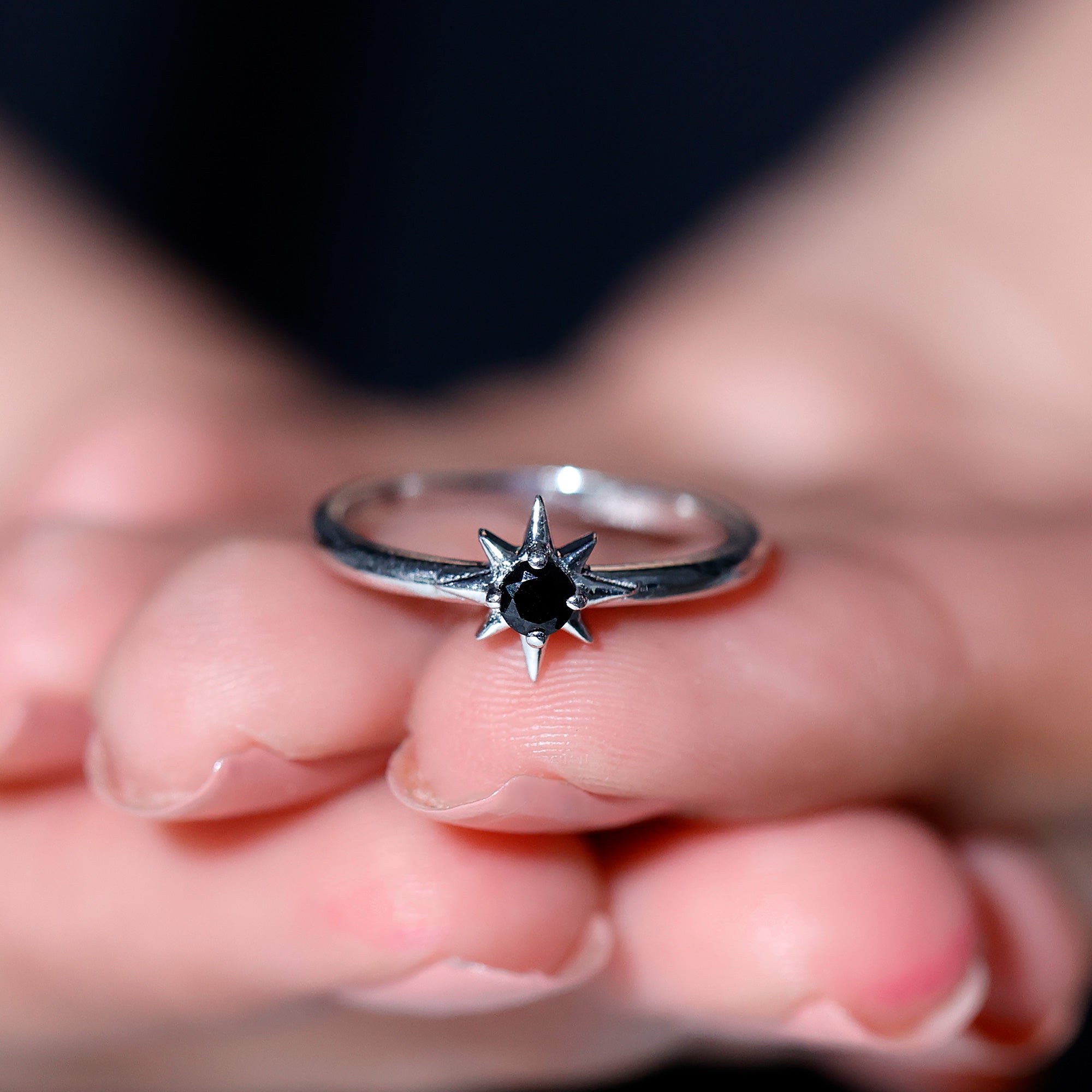 Round Black Spinel Sunburst Promise Ring Black Spinel - ( AAA ) - Quality - Rosec Jewels