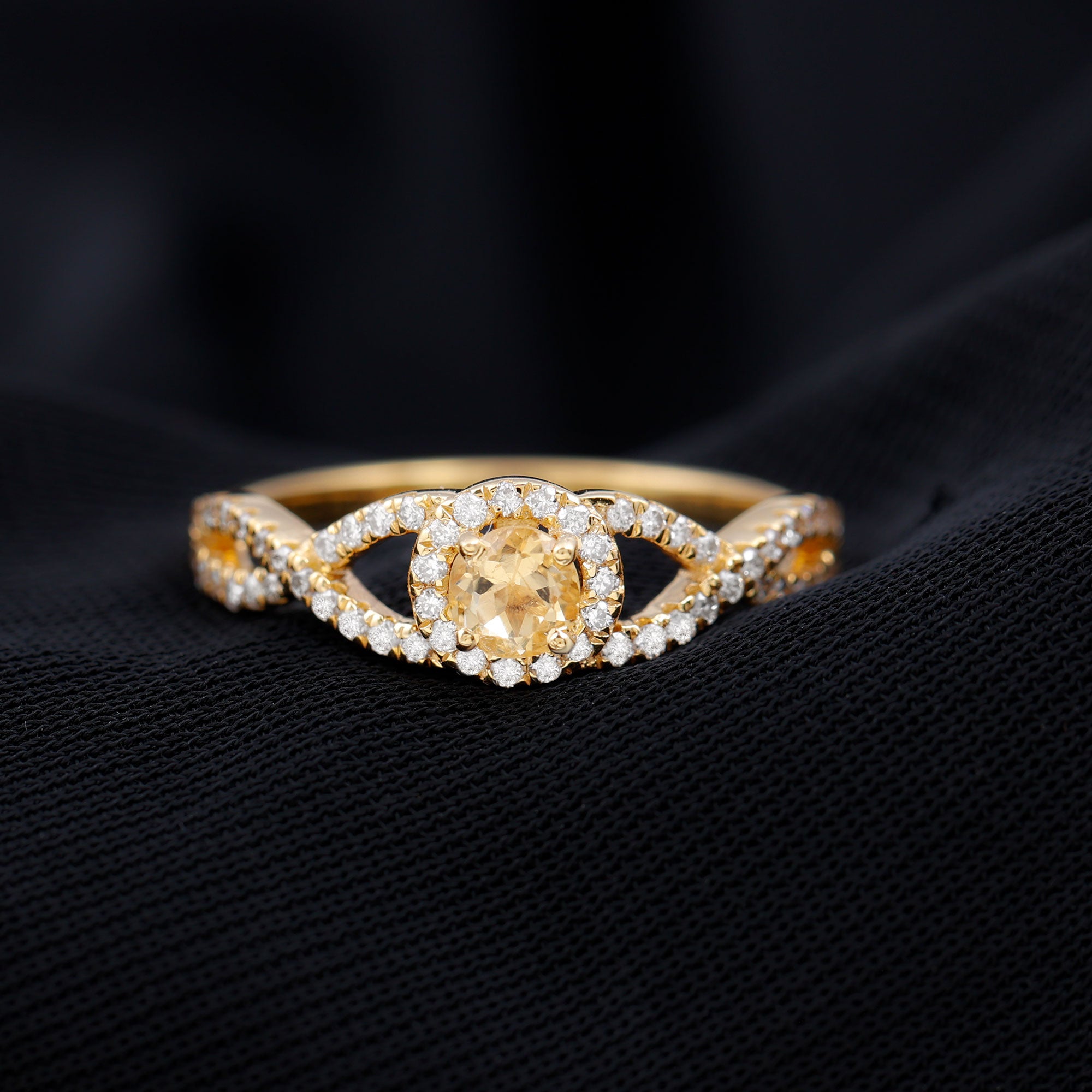 Criss Cross Shank Citrine and Diamond Halo Engagement Ring Citrine - ( AAA ) - Quality - Rosec Jewels