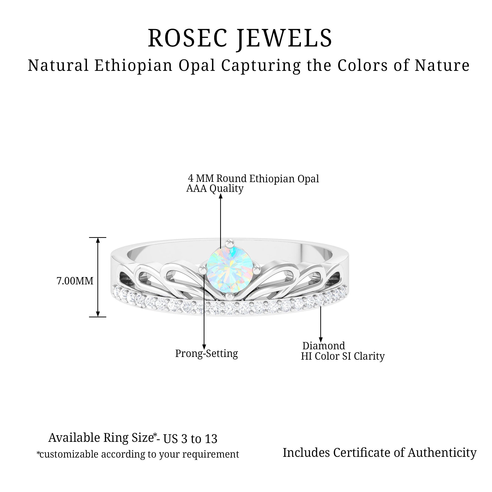 Real Ethiopian Opal and Diamond Crown Band Ring Ethiopian Opal - ( AAA ) - Quality - Rosec Jewels