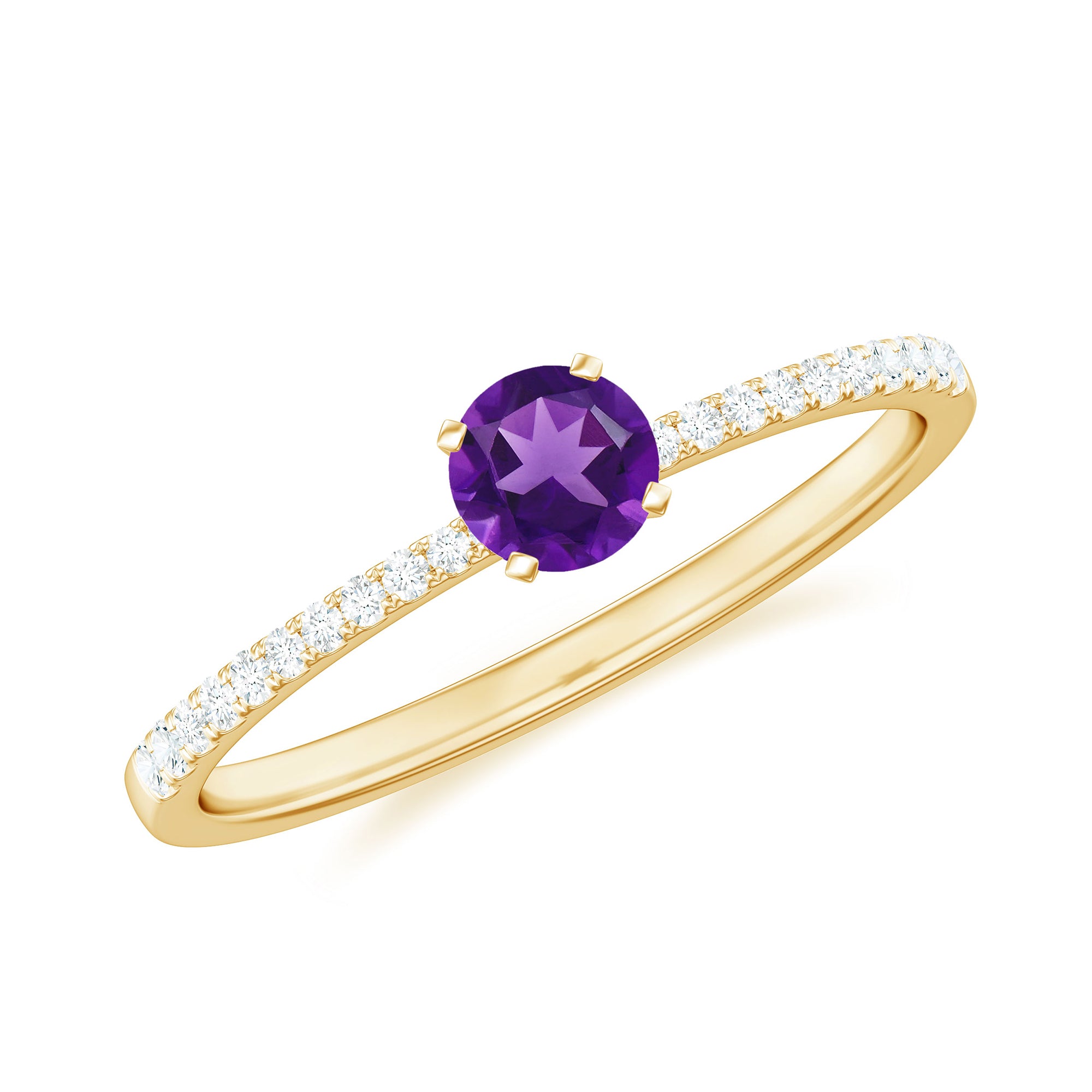 Round Amethyst Solitaire Engagement Ring with Diamond Amethyst - ( AAA ) - Quality - Rosec Jewels