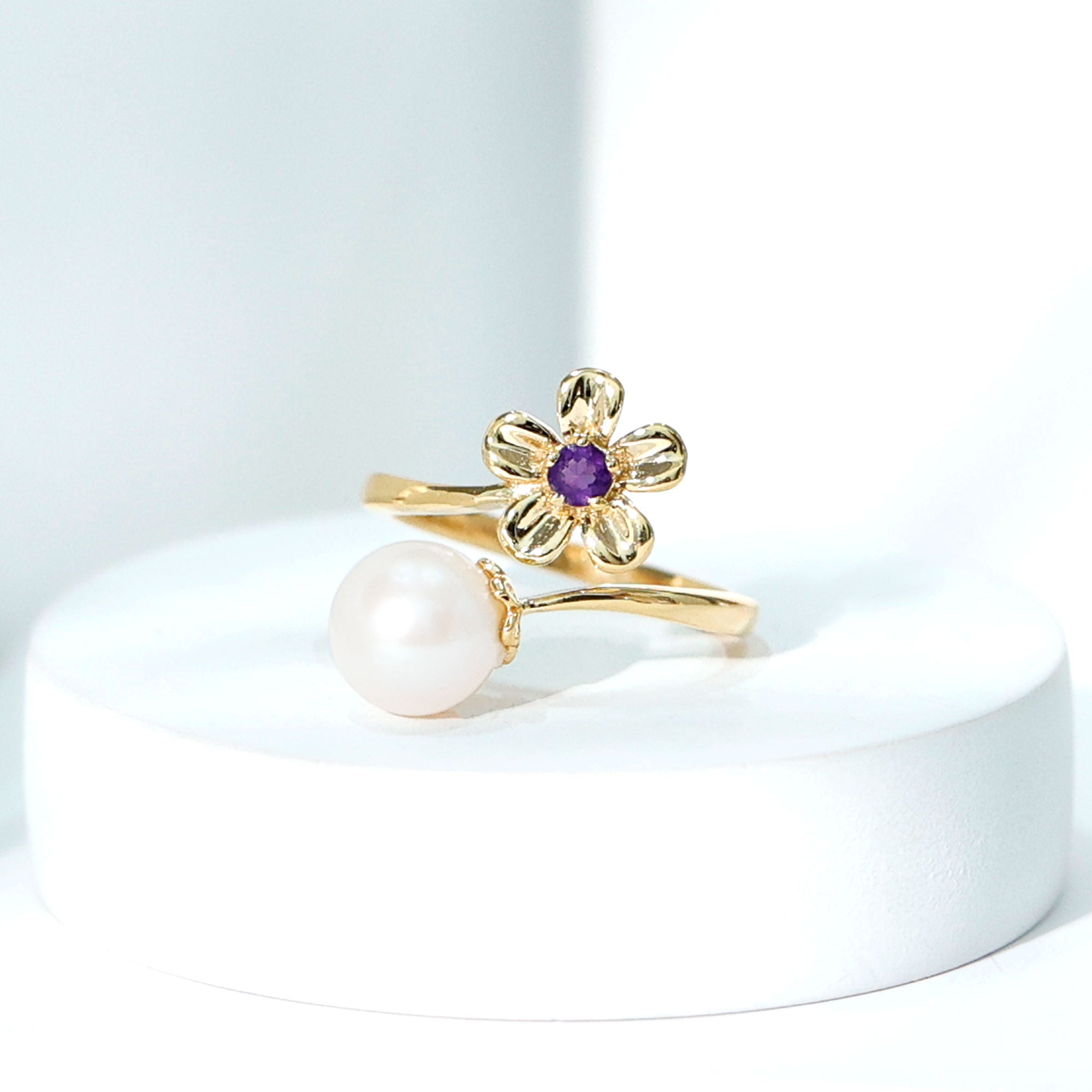 Freshwater Pearl and Amethyst Floral Toi Et Moi Ring Amethyst - ( AAA ) - Quality - Rosec Jewels