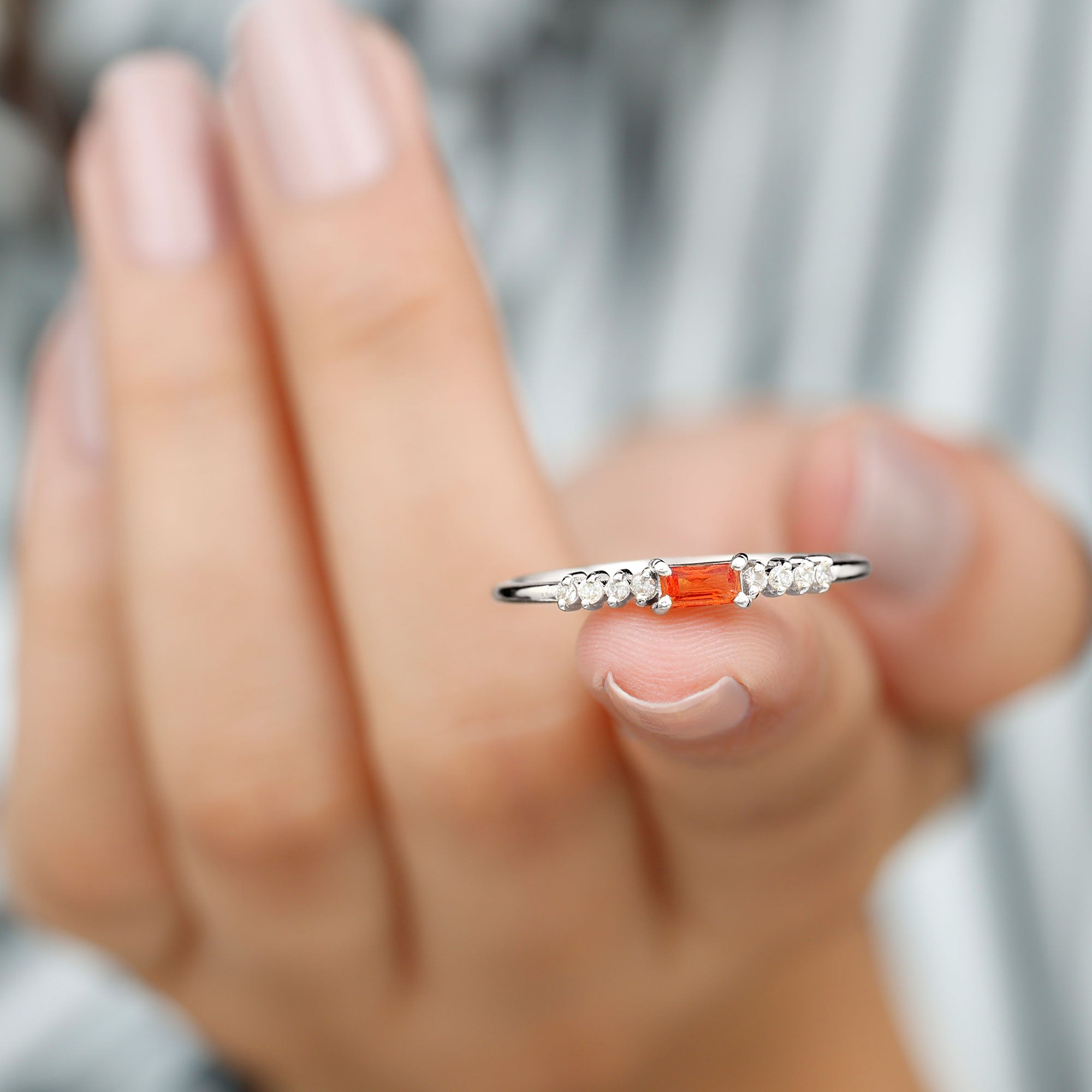 Baguette Cut Lab Grown Orange Sapphire East West Promise Ring with Diamond Lab Created Orange Sapphire - ( AAAA ) - Quality - Rosec Jewels