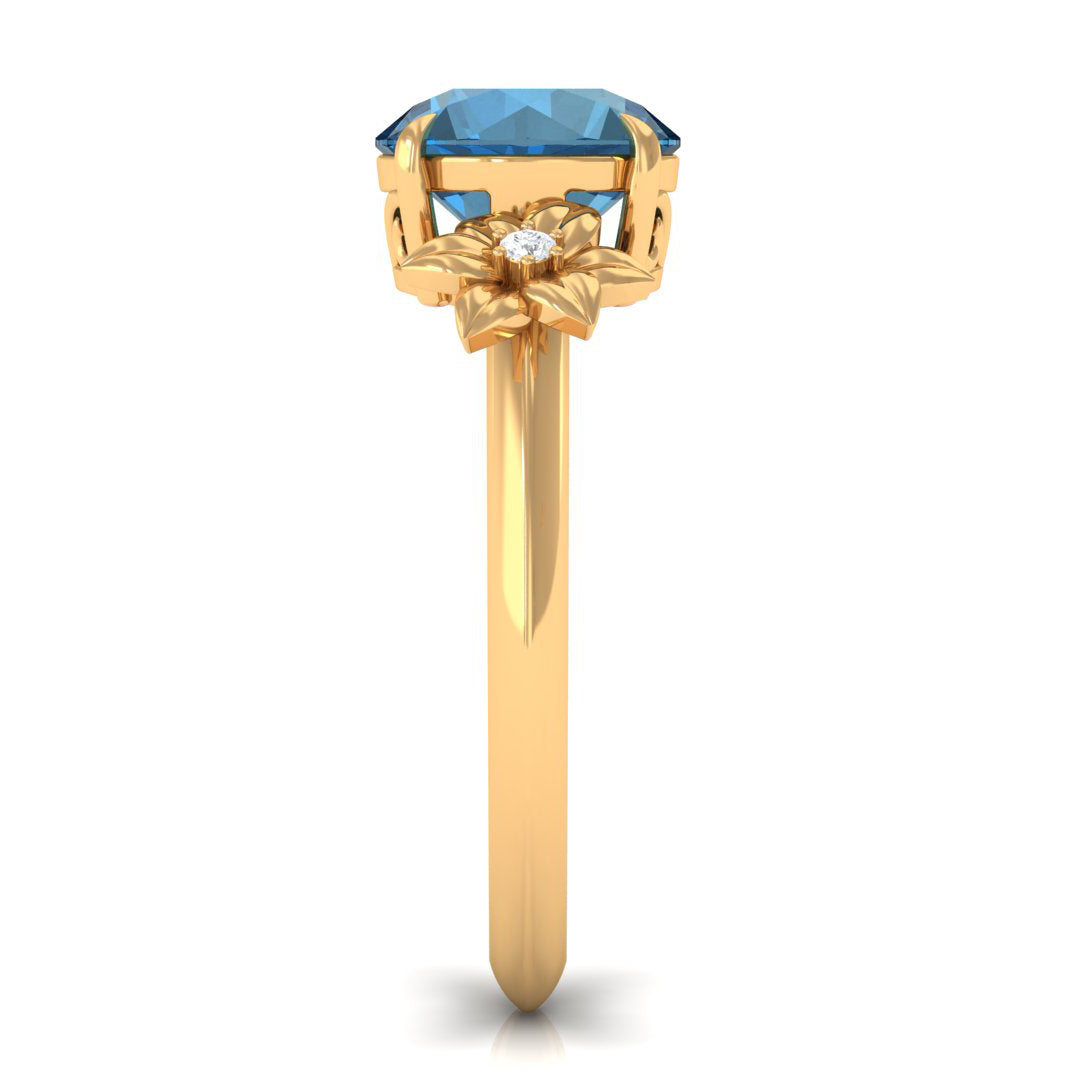 London Blue Topaz Solitaire Flower Engagement Ring with Diamond London Blue Topaz - ( AAA ) - Quality - Rosec Jewels