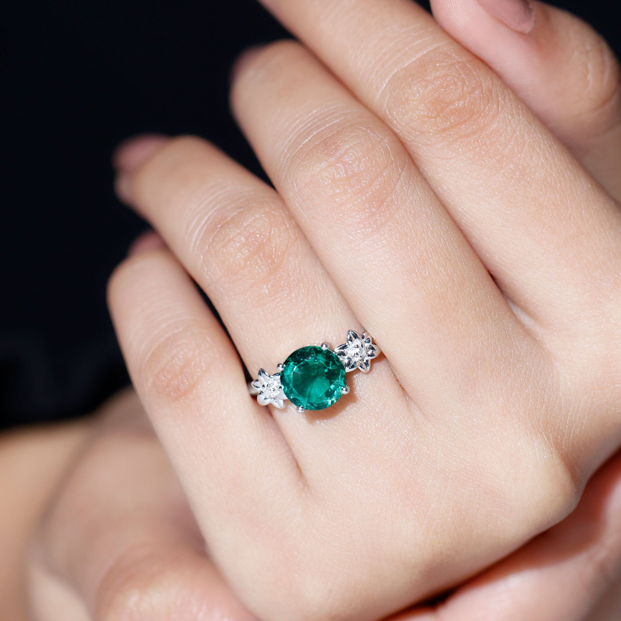 Created Emerald Solitaire Flower Engagement Ring with Diamond Lab Created Emerald - ( AAAA ) - Quality - Rosec Jewels