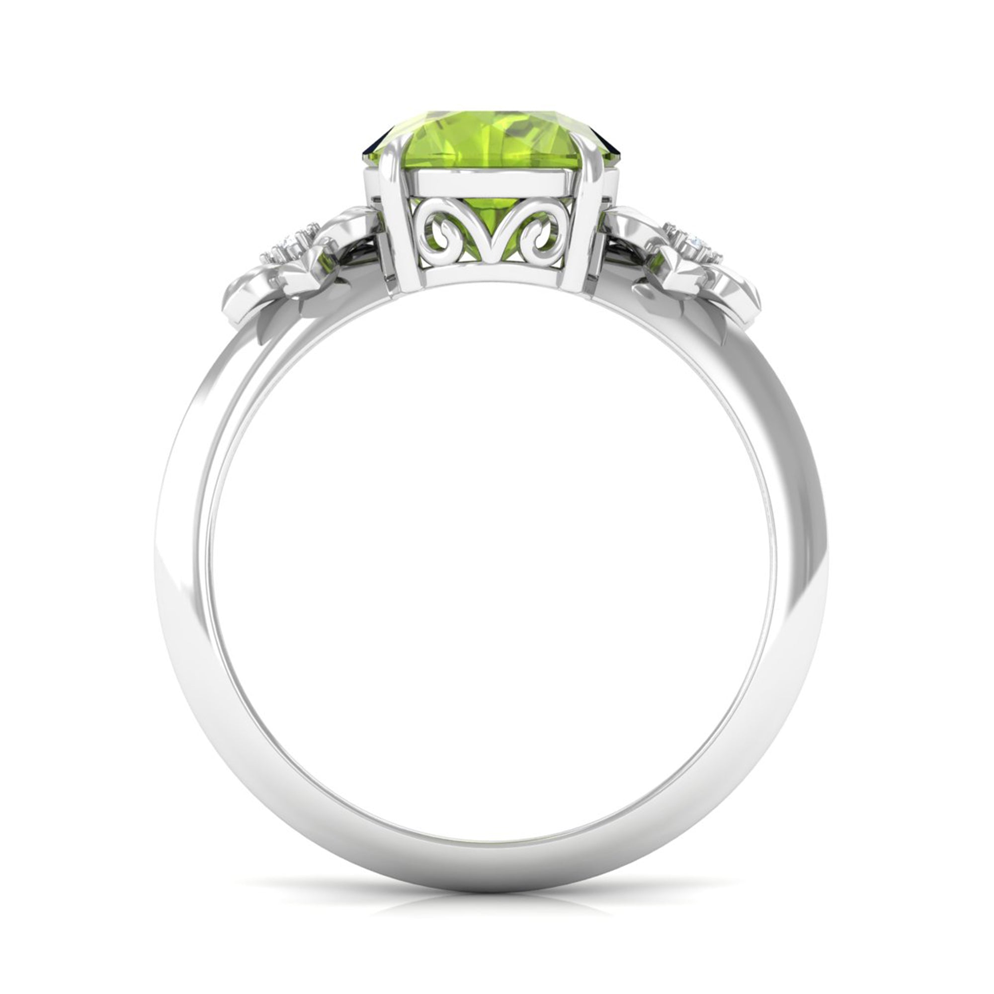 Round Peridot Solitaire Flower Engagement Ring with Diamond Peridot - ( AAA ) - Quality - Rosec Jewels