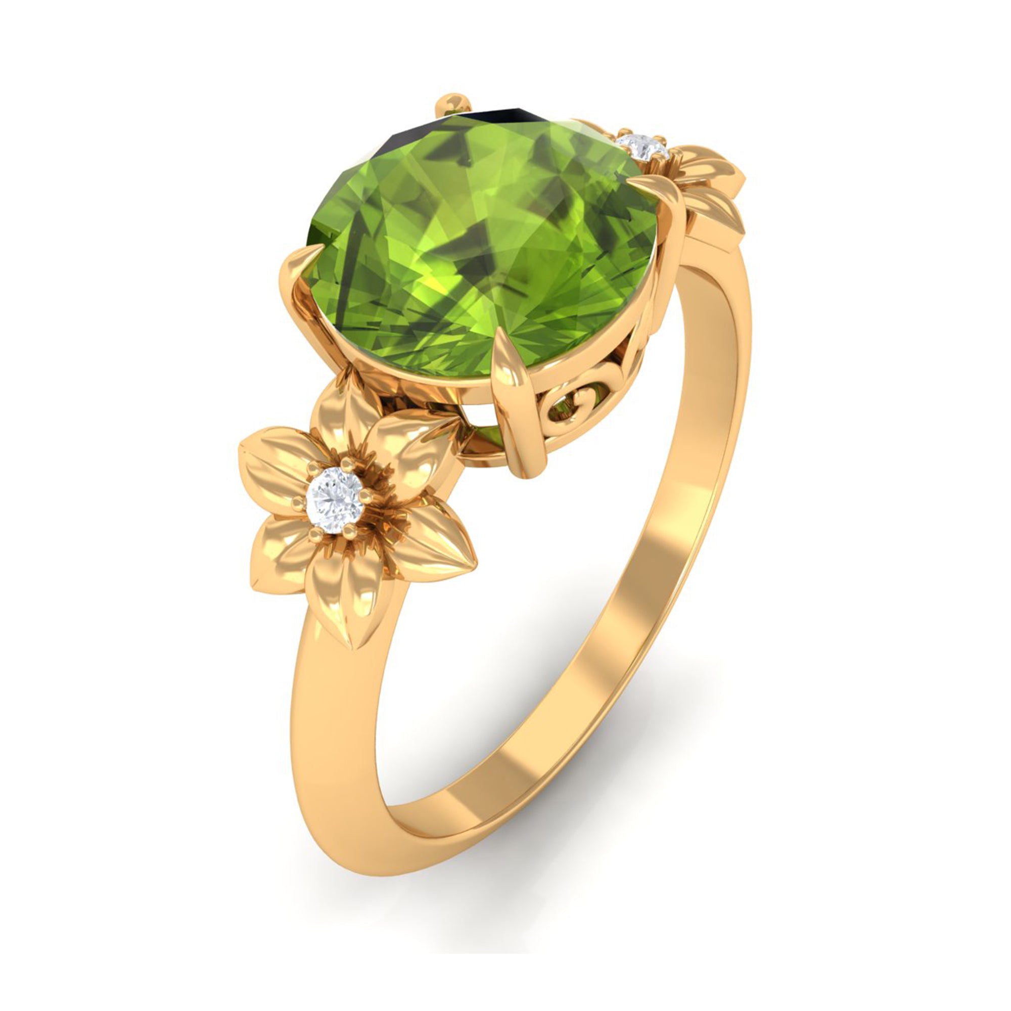 Round Peridot Solitaire Flower Engagement Ring with Diamond Peridot - ( AAA ) - Quality - Rosec Jewels