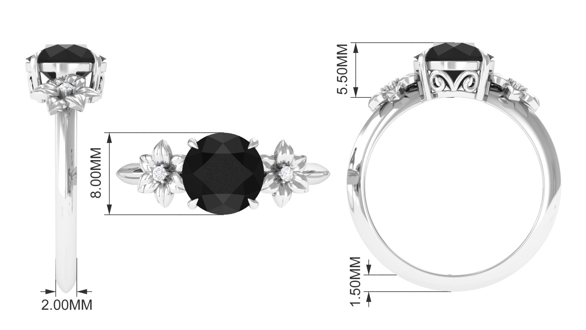 Created Black Diamond Solitaire Flower Engagement Ring with Accent Lab Created Black Diamond - ( AAAA ) - Quality - Rosec Jewels