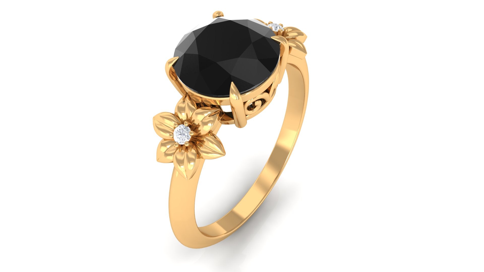 Created Black Diamond Solitaire Flower Engagement Ring with Accent Lab Created Black Diamond - ( AAAA ) - Quality - Rosec Jewels