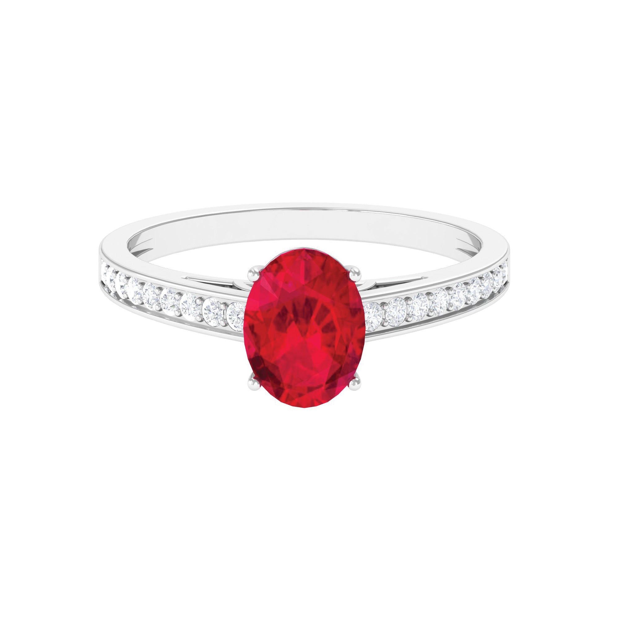 Oval Lab Grown Ruby Solitaire Ring with Moissanite Side Stones Lab Created Ruby - ( AAAA ) - Quality - Rosec Jewels