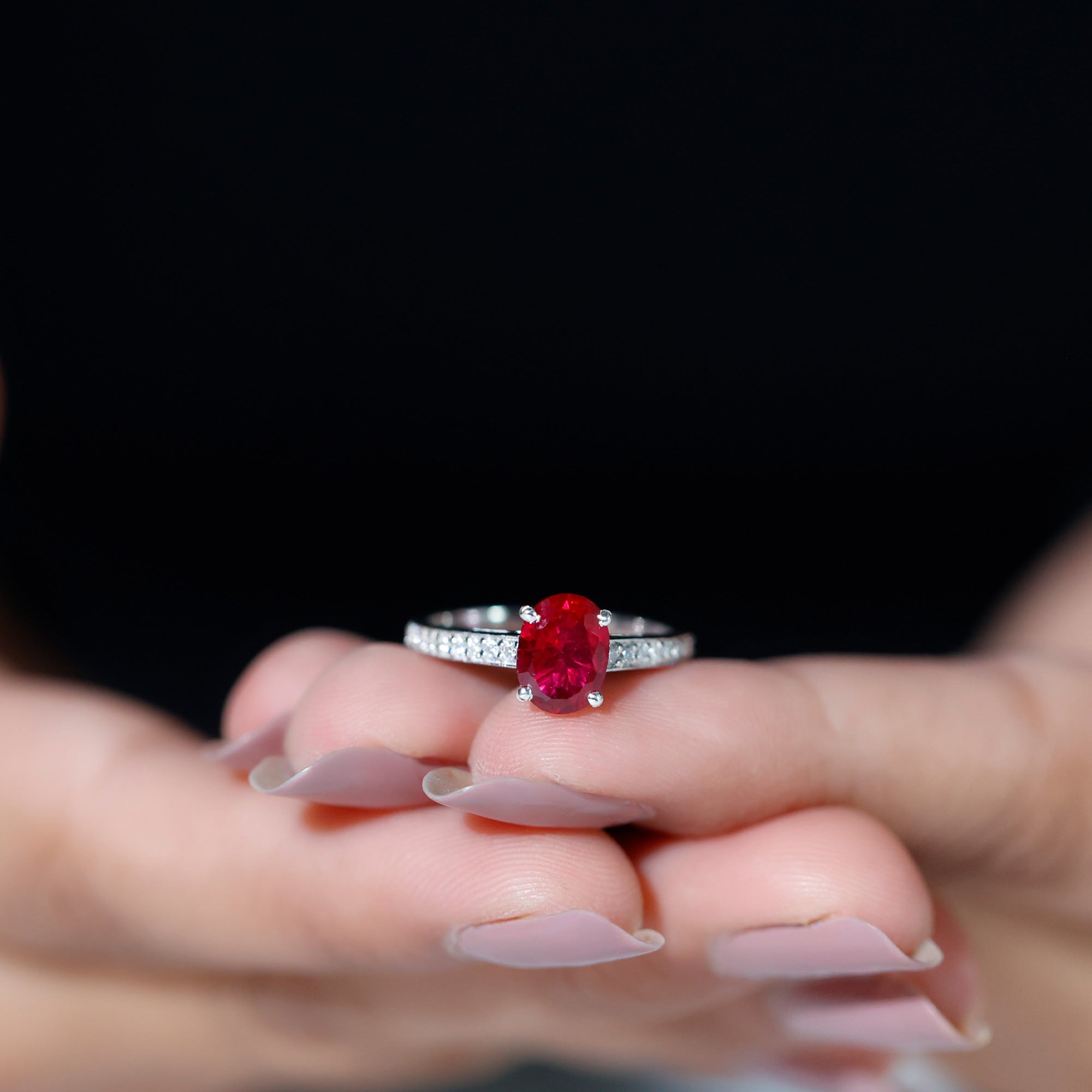 Oval Lab Grown Ruby Solitaire Ring with Moissanite Side Stones Lab Created Ruby - ( AAAA ) - Quality 92.5 Sterling Silver 6 - Rosec Jewels