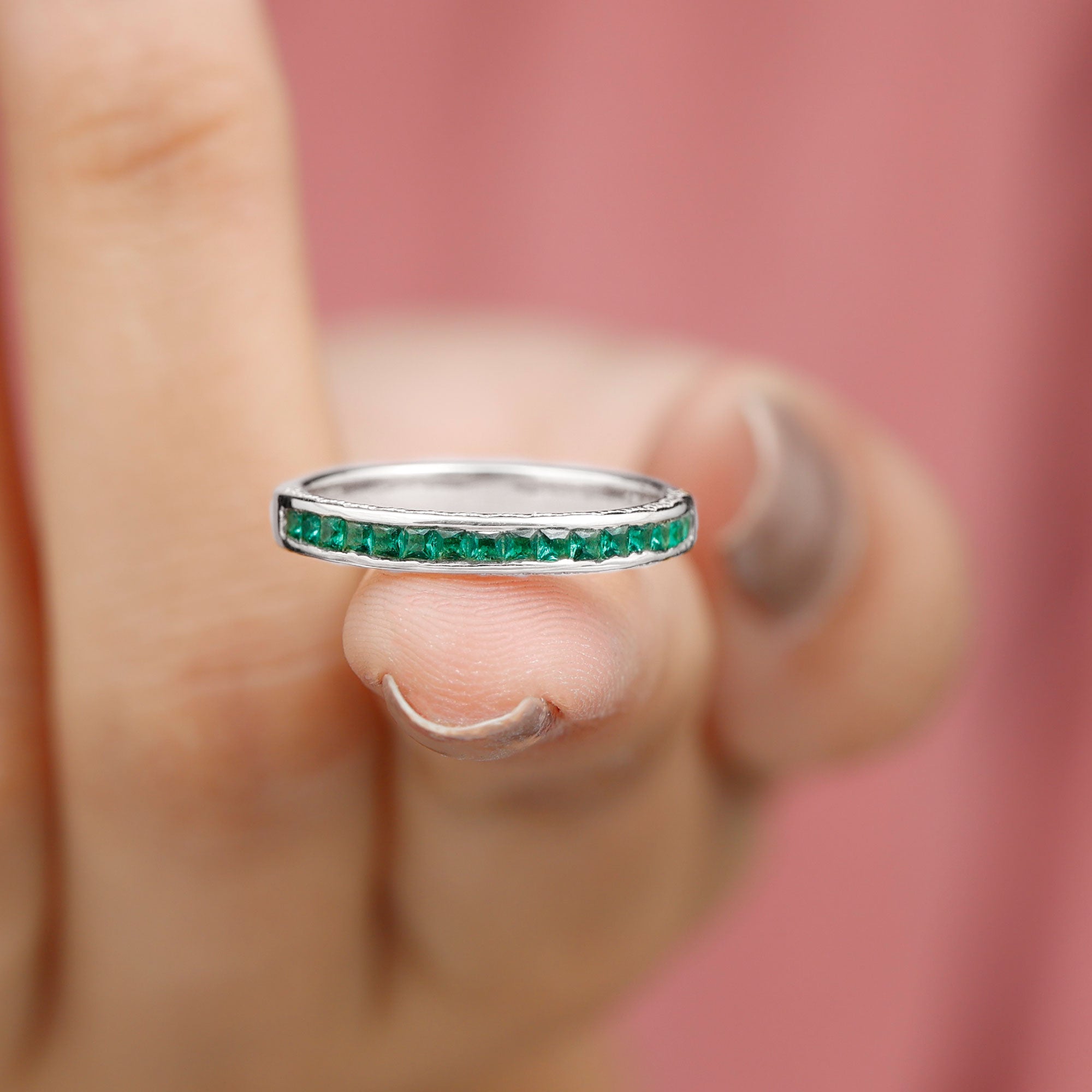 Princess Cut Lab Grown Emerald Half Eternity Ring Lab Created Emerald - ( AAAA ) - Quality - Rosec Jewels