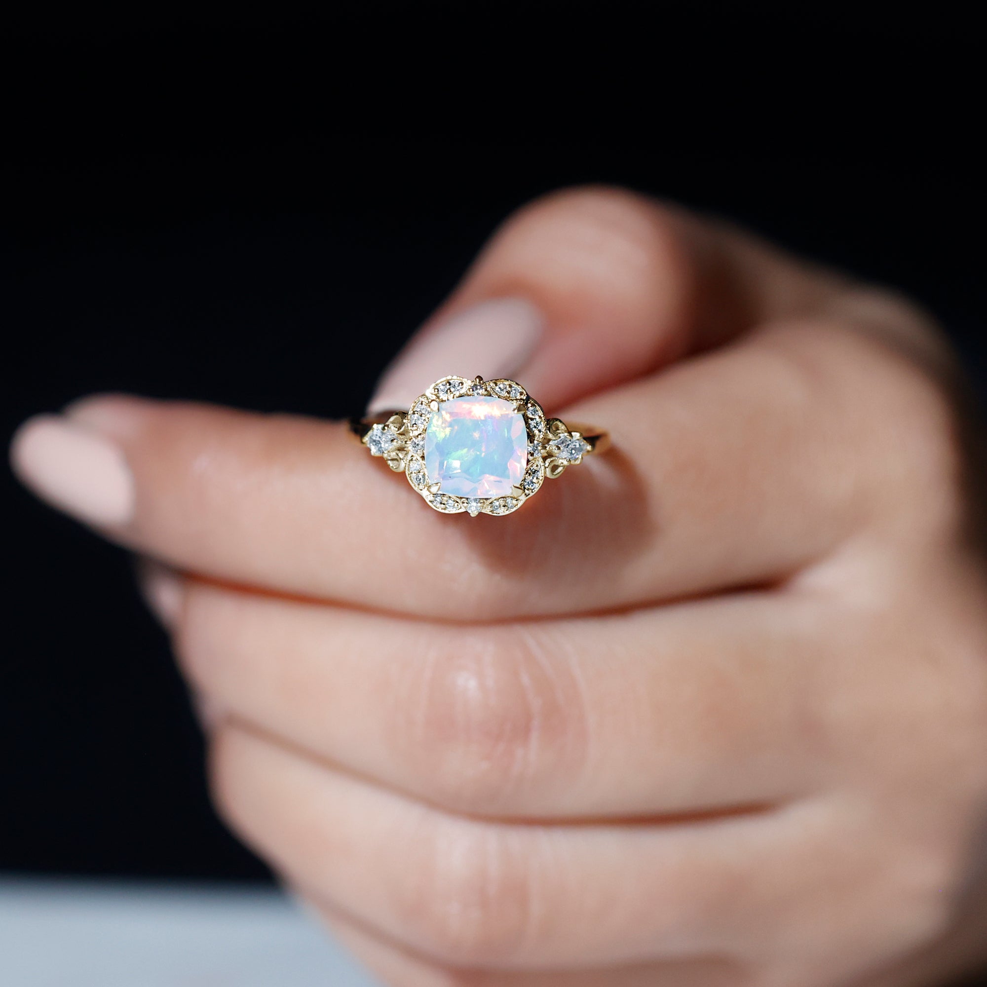 Cushion Cut Ethiopian Opal Cocktail Engagement Ring with Diamond Accent Ethiopian Opal - ( AAA ) - Quality - Rosec Jewels