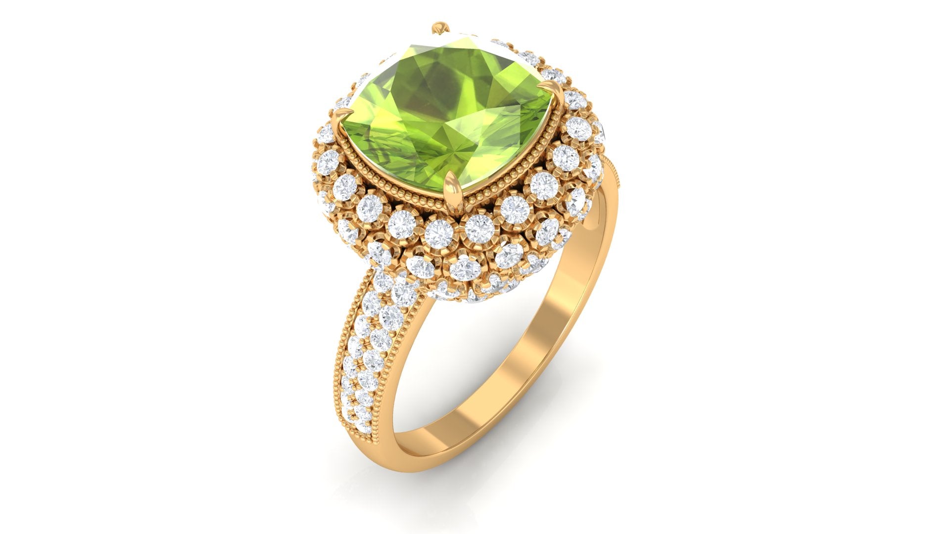 Cushion Cut Peridot Statement Engagement Ring with Moissanite Peridot - ( AAA ) - Quality - Rosec Jewels