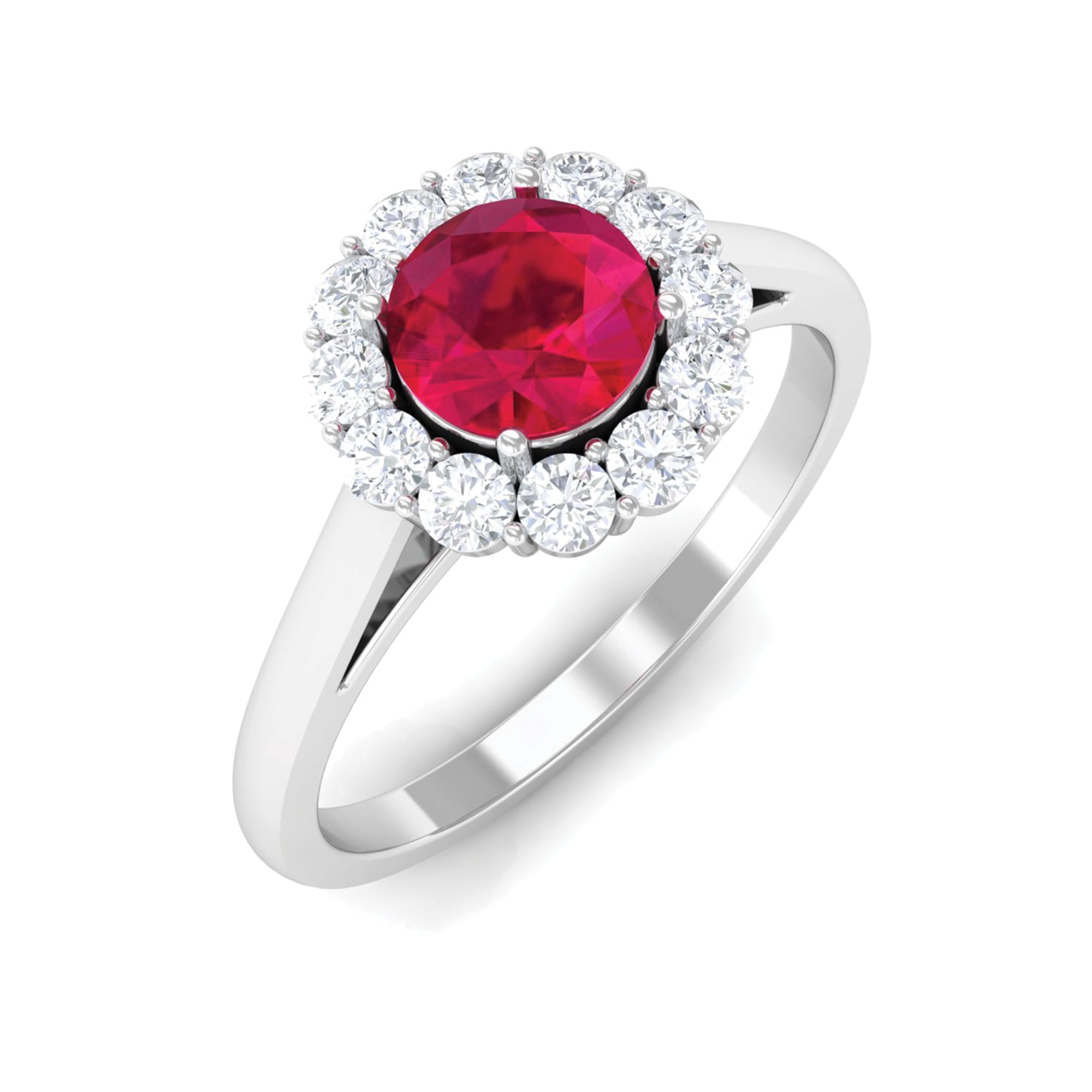 Round Ruby and Diamond Halo Engagement Ring Ruby - ( AAA ) - Quality - Rosec Jewels