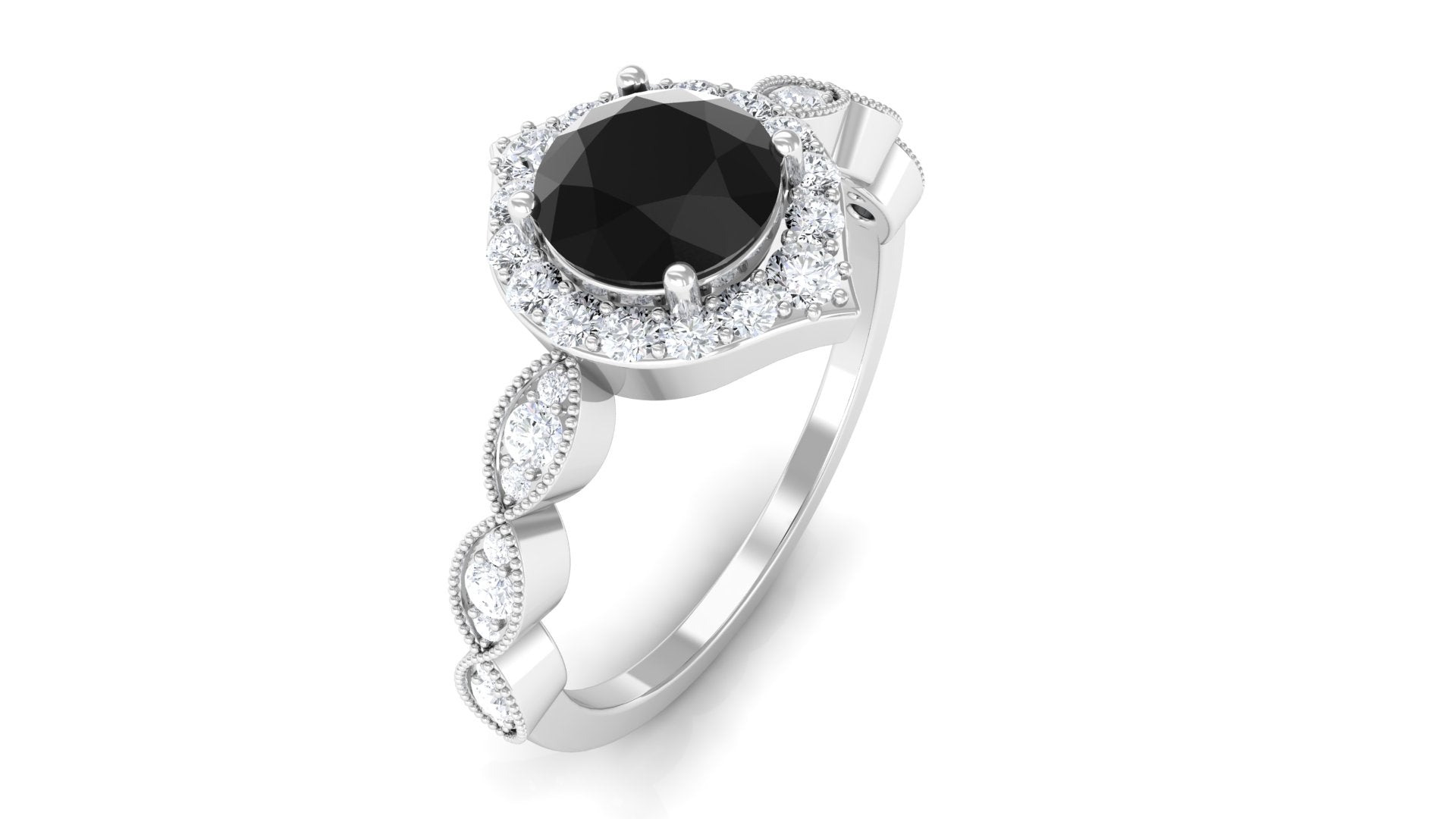 Vintage Style Black Spinel Engagement Ring with Diamond Accent Black Spinel - ( AAA ) - Quality - Rosec Jewels