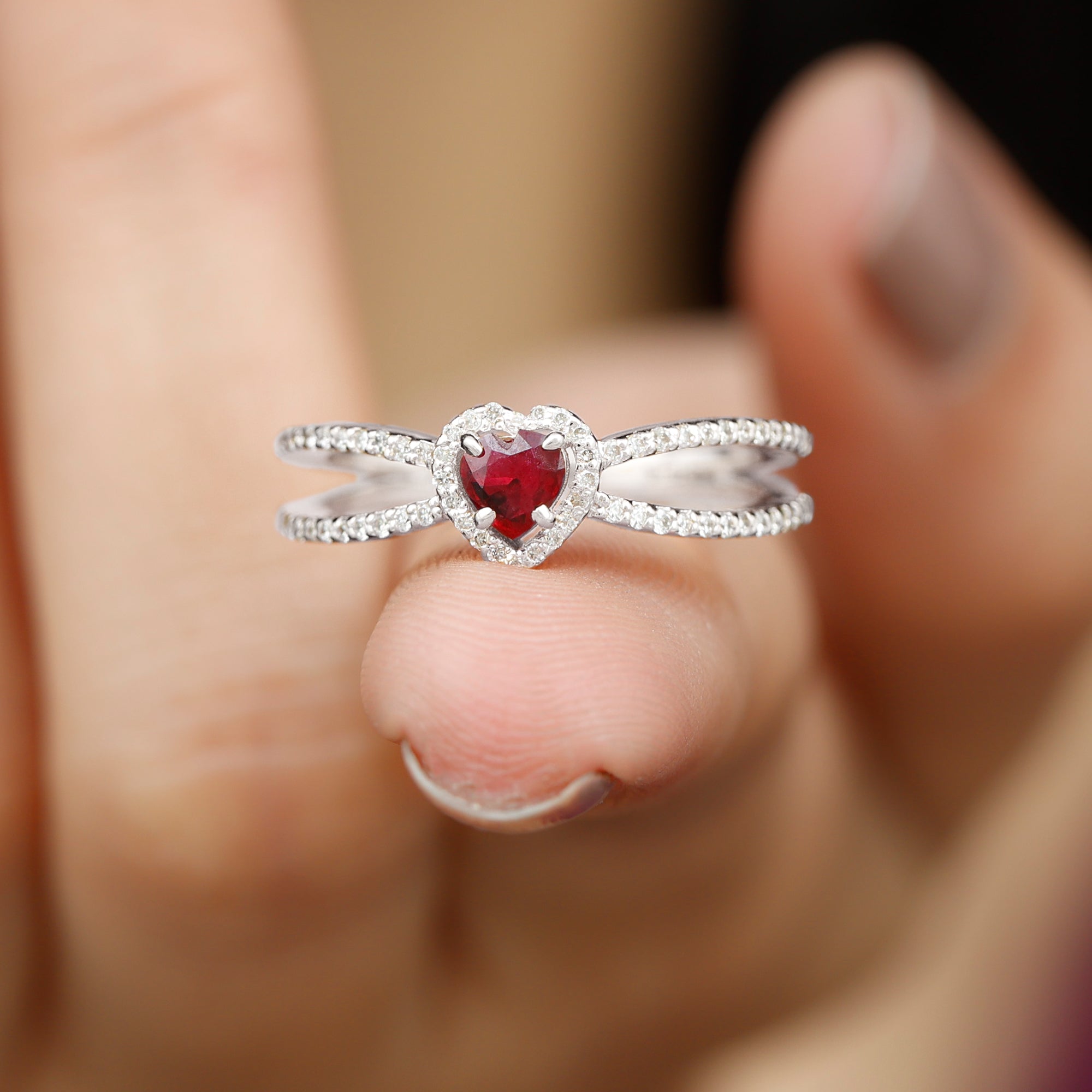 Heart Ruby Split Shank Engagement Ring with Diamond Accent Ruby - ( AAA ) - Quality - Rosec Jewels