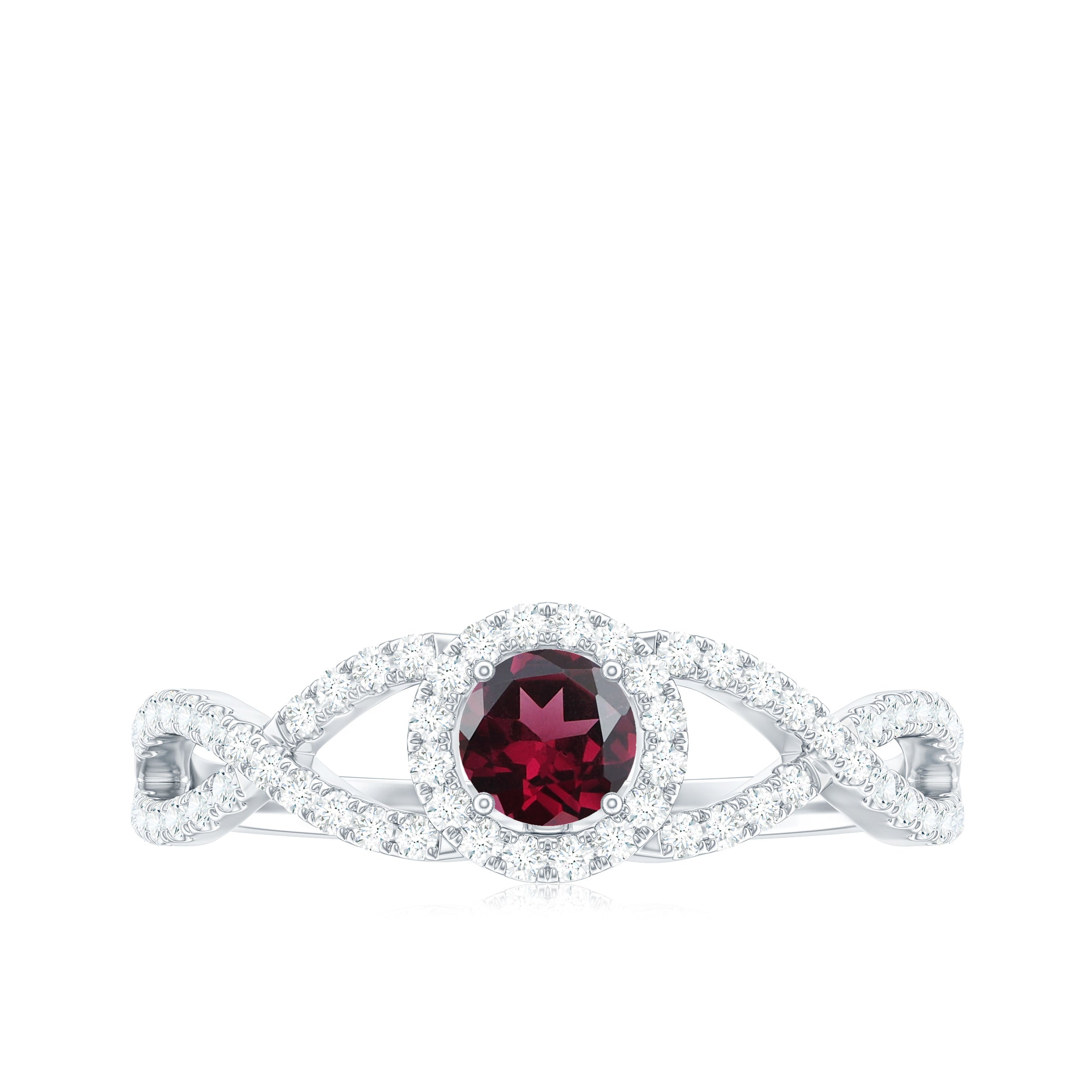 Criss Cross Shank Rhodolite and Diamond Halo Engagement Ring Rhodolite - ( AAA ) - Quality - Rosec Jewels