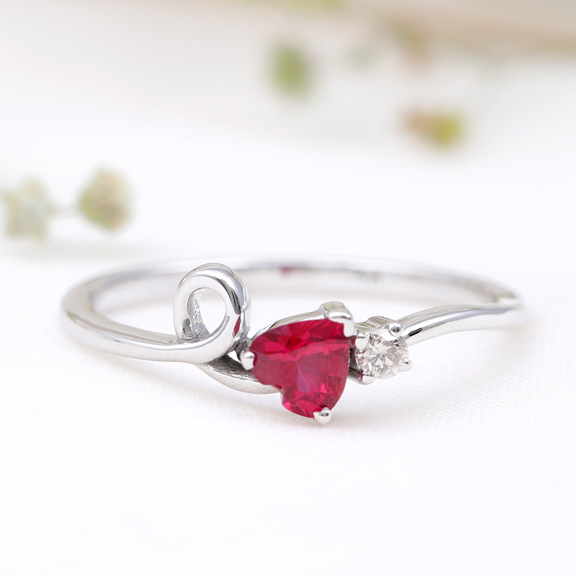 Created Ruby Heart Ring With Moissanite Lab Created Ruby - ( AAAA ) - Quality - Rosec Jewels