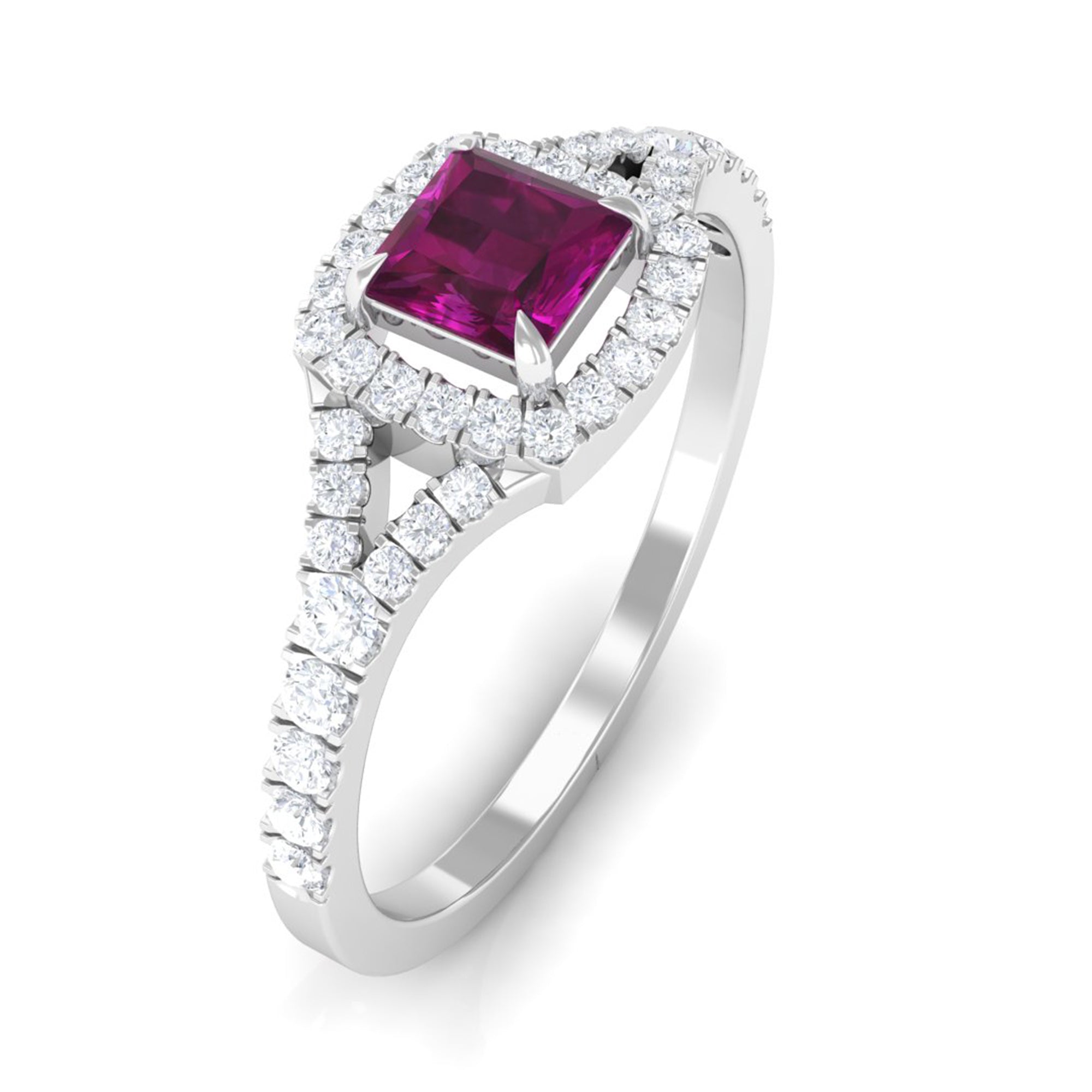 Rhodolite and Diamond Split Shank Engagement Ring Rhodolite - ( AAA ) - Quality - Rosec Jewels