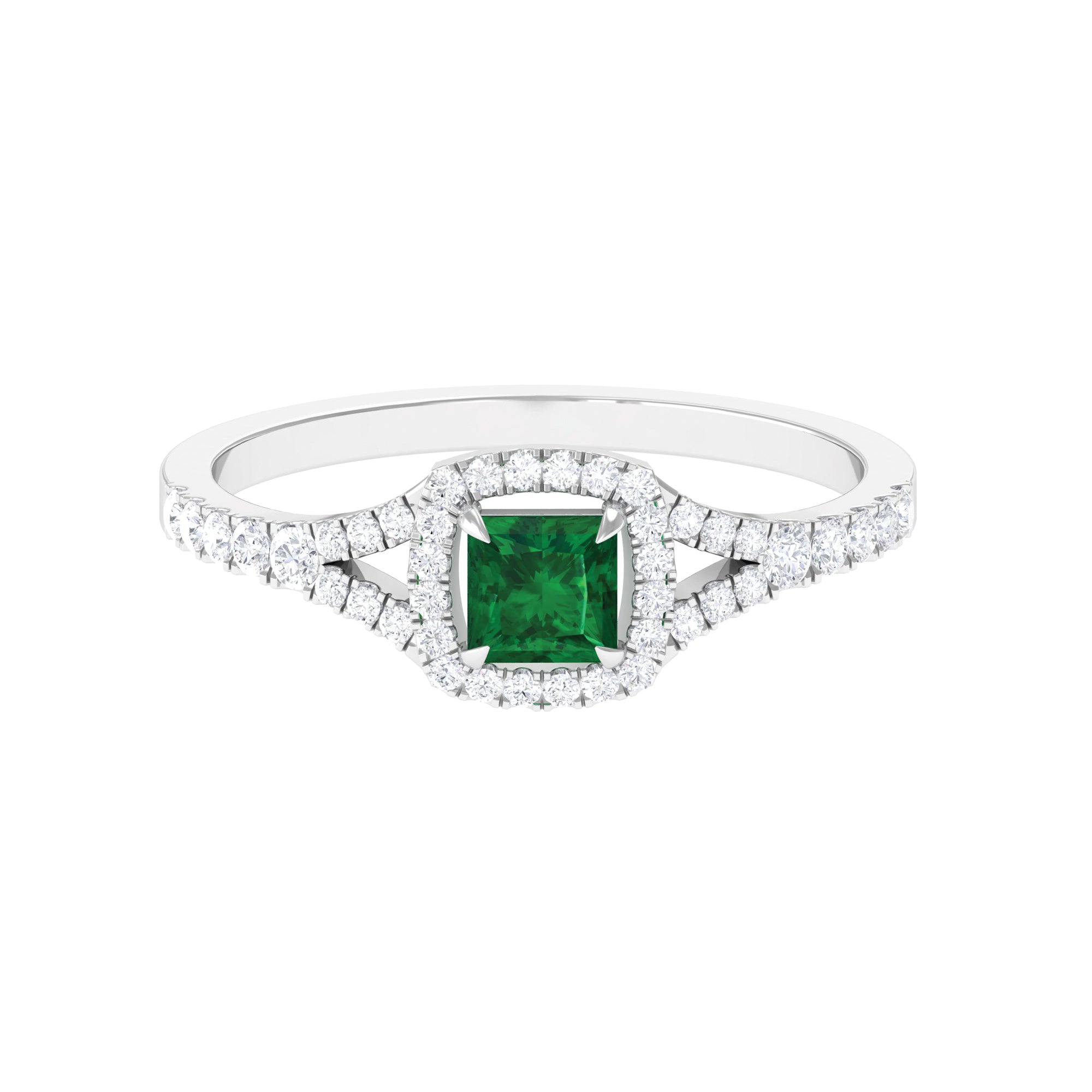 Princess Cut Lab Grown Emerald Designer Ring with Diamond Split Shank Lab Created Emerald - ( AAAA ) - Quality - Rosec Jewels