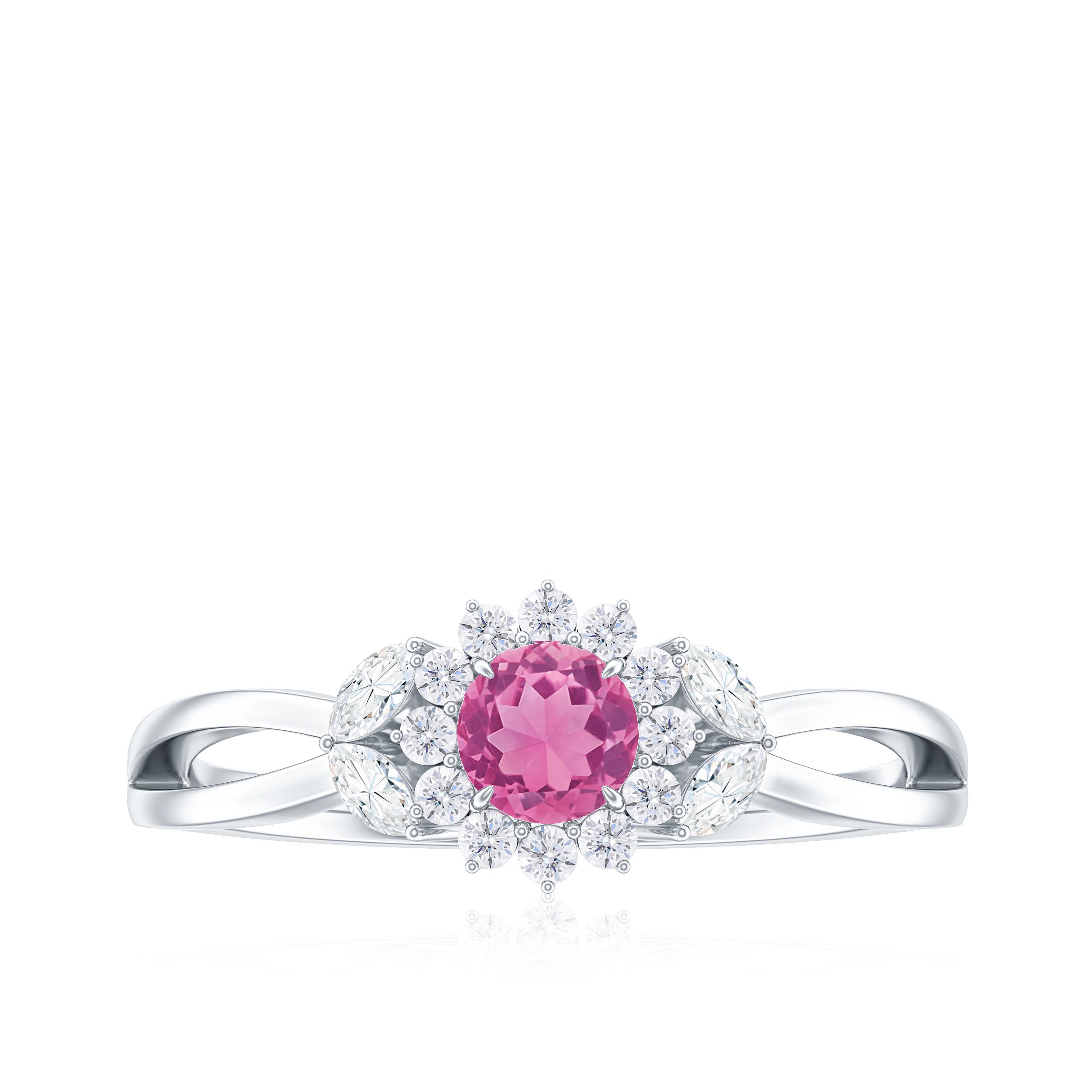 Pink Tourmaline and Diamond Flower Engagement Ring with Split Shank Pink Tourmaline - ( AAA ) - Quality - Rosec Jewels