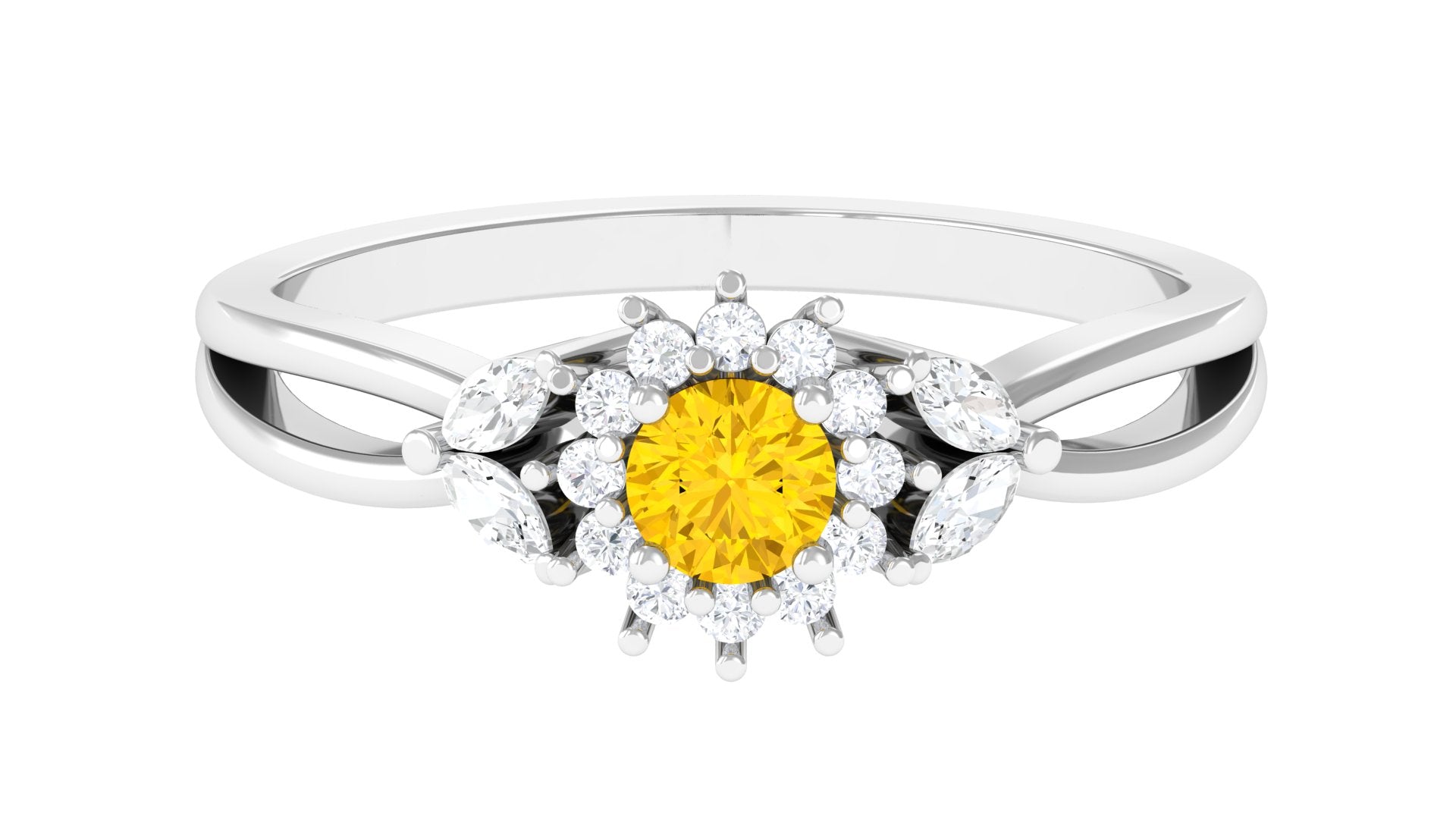 Rosec Jewels-Split Shank Yellow Sapphire Flower Engagement Ring with Diamond