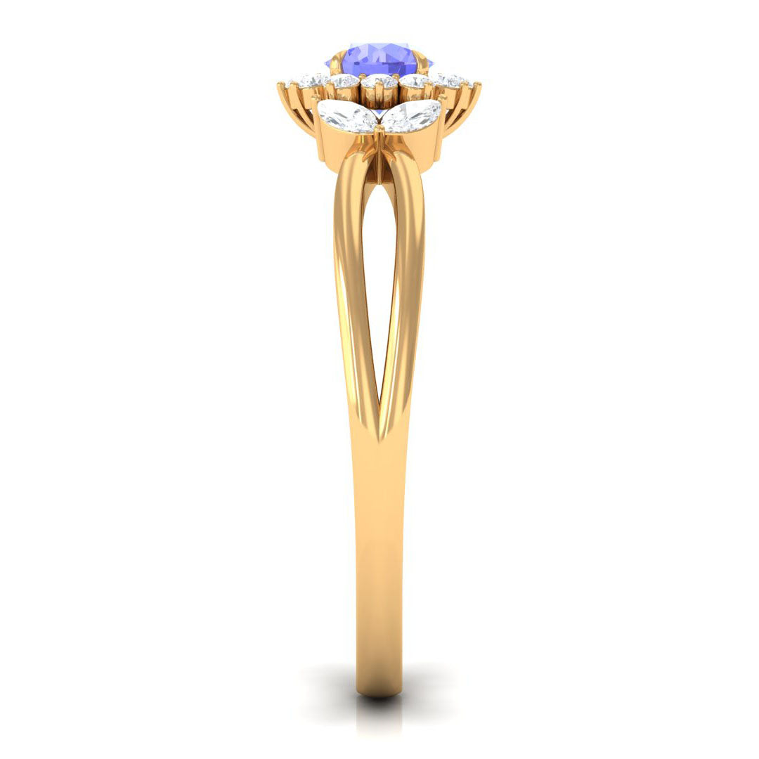 Split Shank Tanzanite Flower Engagement Ring with Diamond Tanzanite - ( AAA ) - Quality - Rosec Jewels