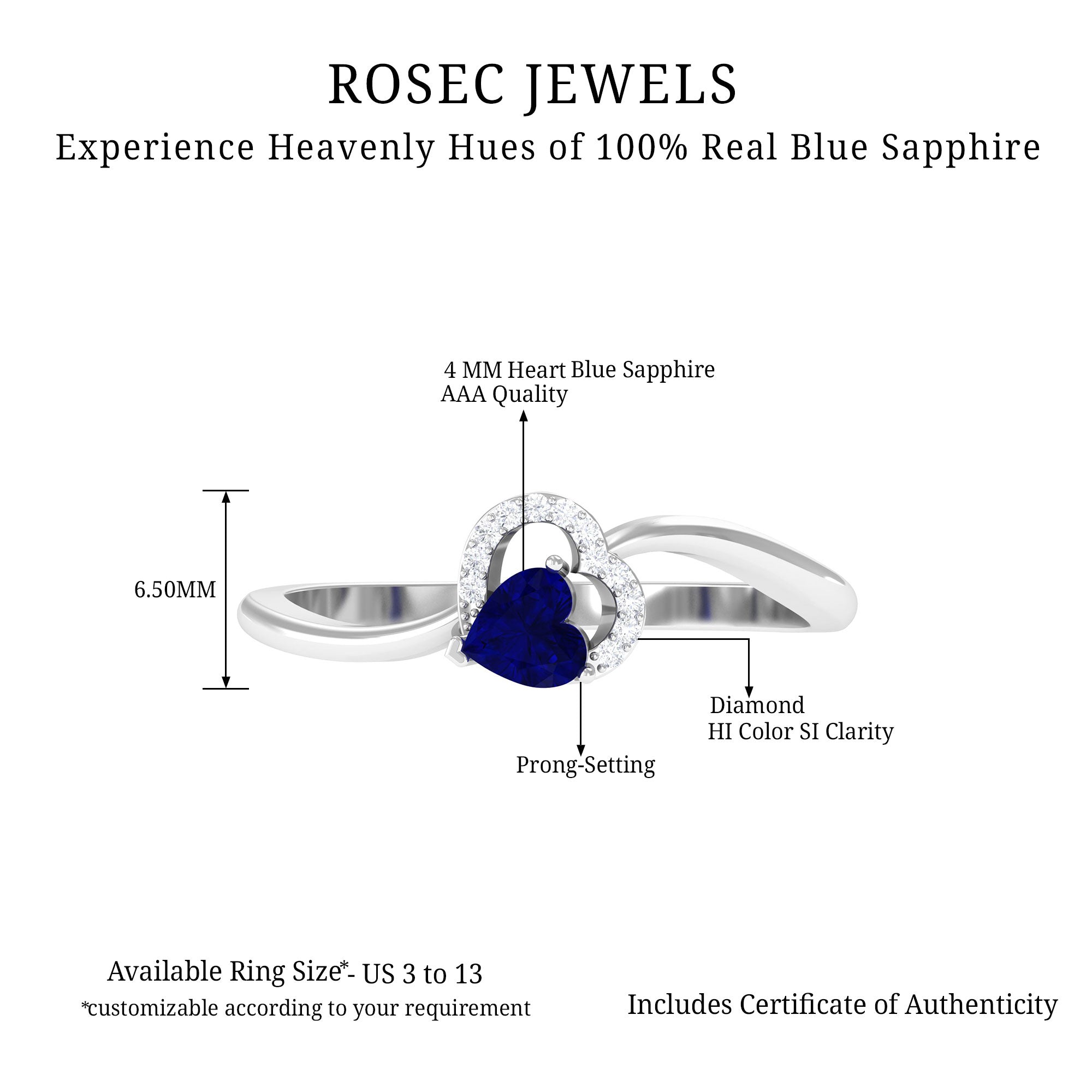 1/2 CT Blue Sapphire Heart Promise Ring with Diamond Blue Sapphire - ( AAA ) - Quality - Rosec Jewels