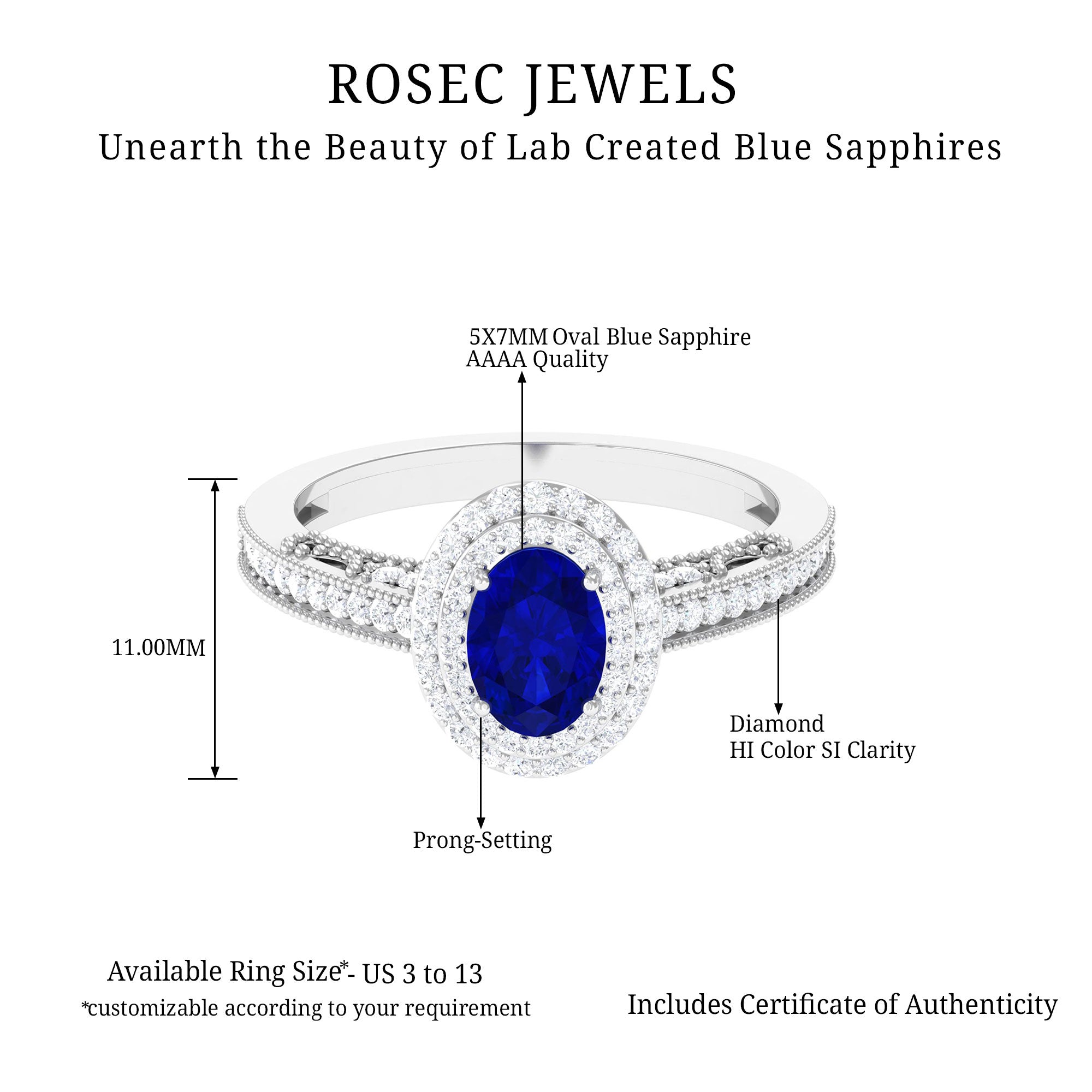 Oval Created Blue Sapphire Double Halo Engagement Ring with Diamond Lab Created Blue Sapphire - ( AAAA ) - Quality - Rosec Jewels