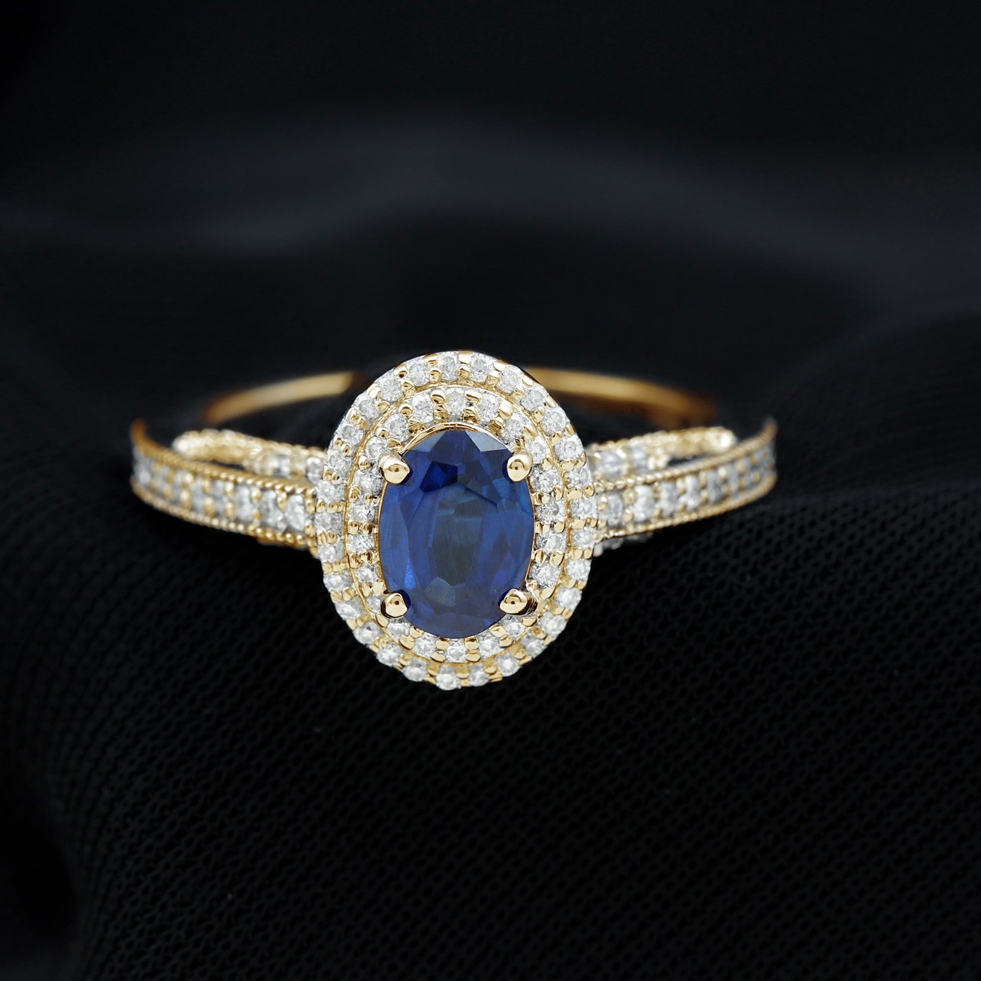 Oval Created Blue Sapphire Double Halo Engagement Ring with Diamond Lab Created Blue Sapphire - ( AAAA ) - Quality - Rosec Jewels