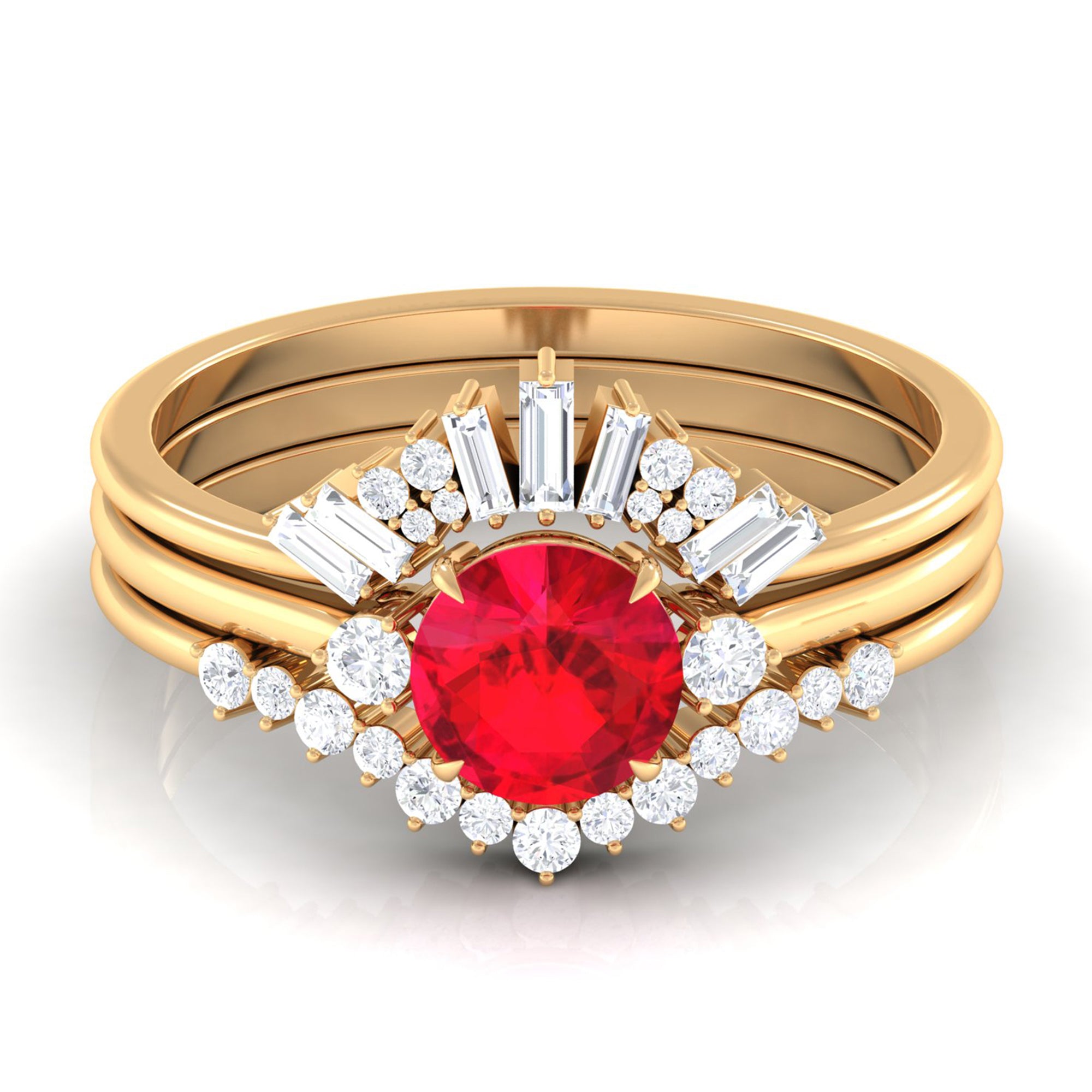 Round Created Ruby Designer Trio Wedding Ring Set with Diamond Lab Created Ruby - ( AAAA ) - Quality - Rosec Jewels