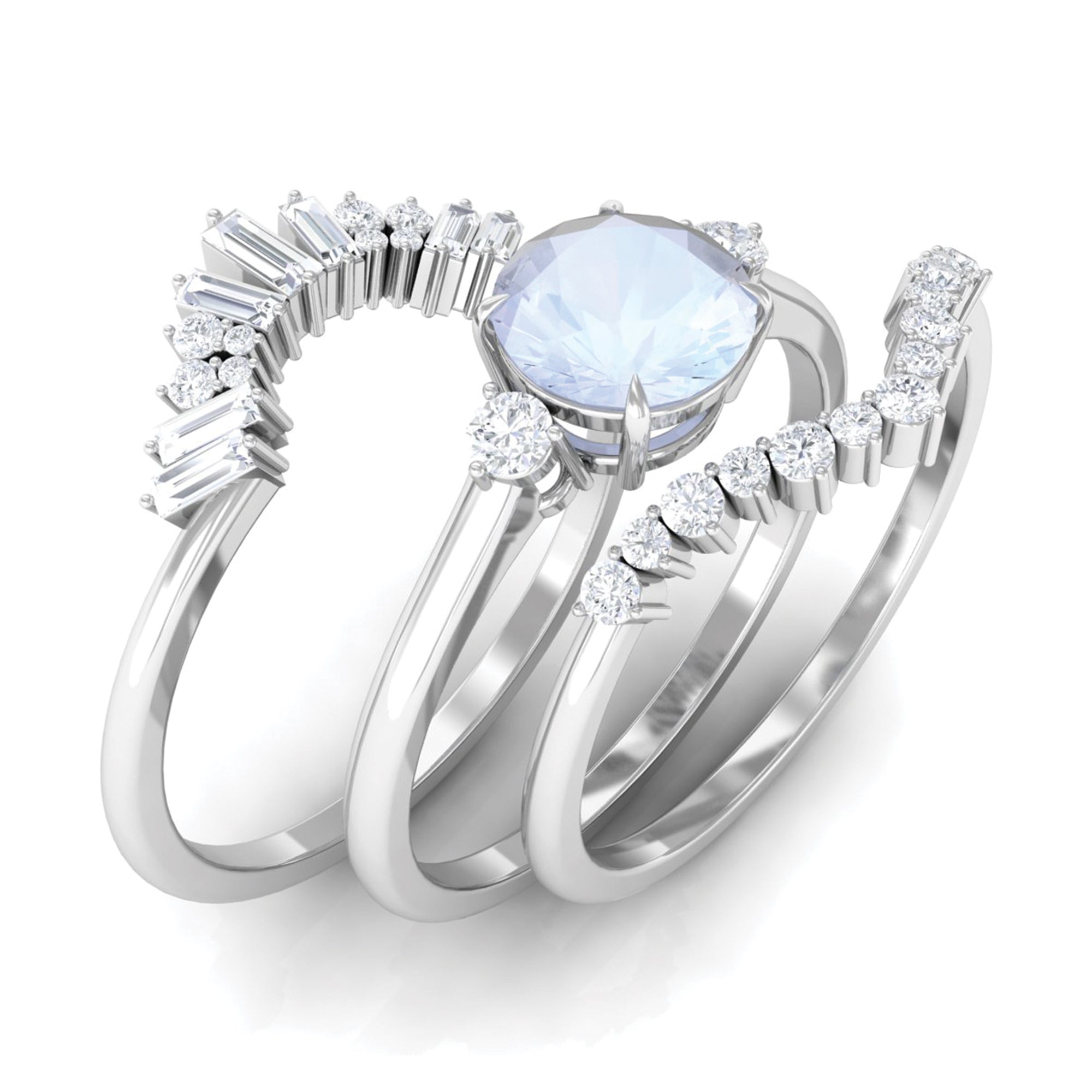 Round Moonstone Designer Trio Wedding Ring Set with Diamond Moonstone - ( AAA ) - Quality - Rosec Jewels