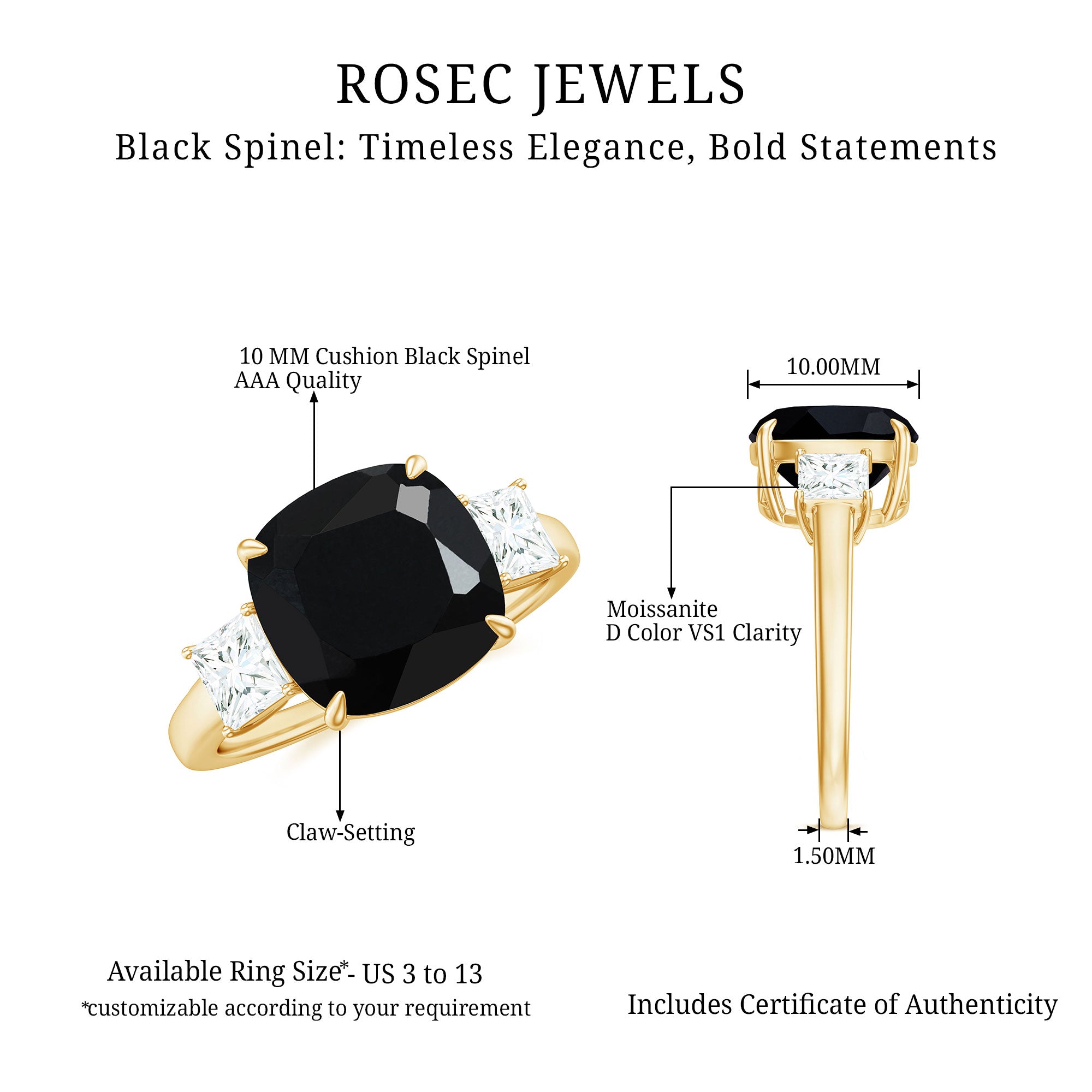 Cushion Cut Black Spinel Solitaire Engagement Ring with Moissanite Black Spinel - ( AAA ) - Quality - Rosec Jewels