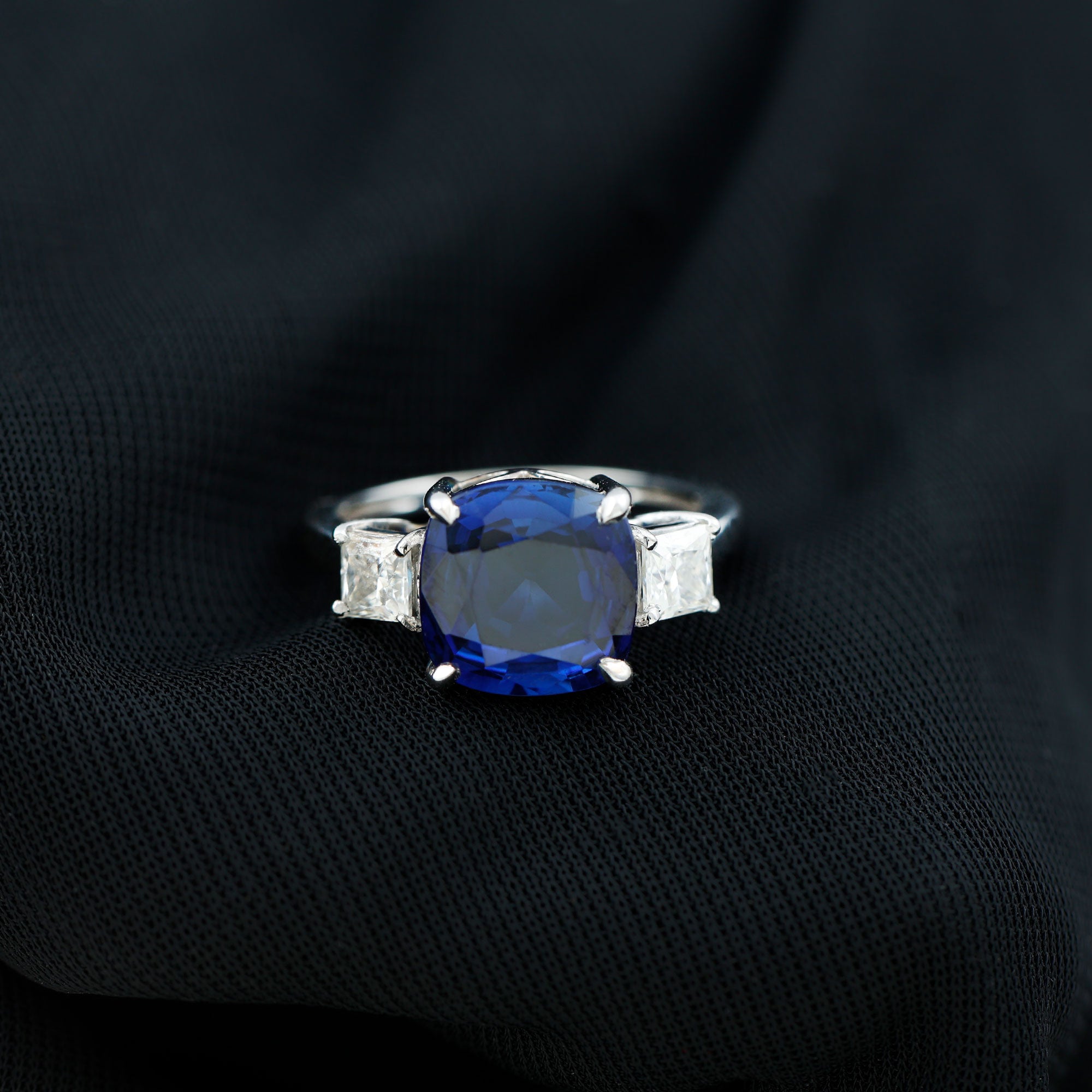 Rosec Jewels-Cushion Cut Created Blue Sapphire Solitaire Ring